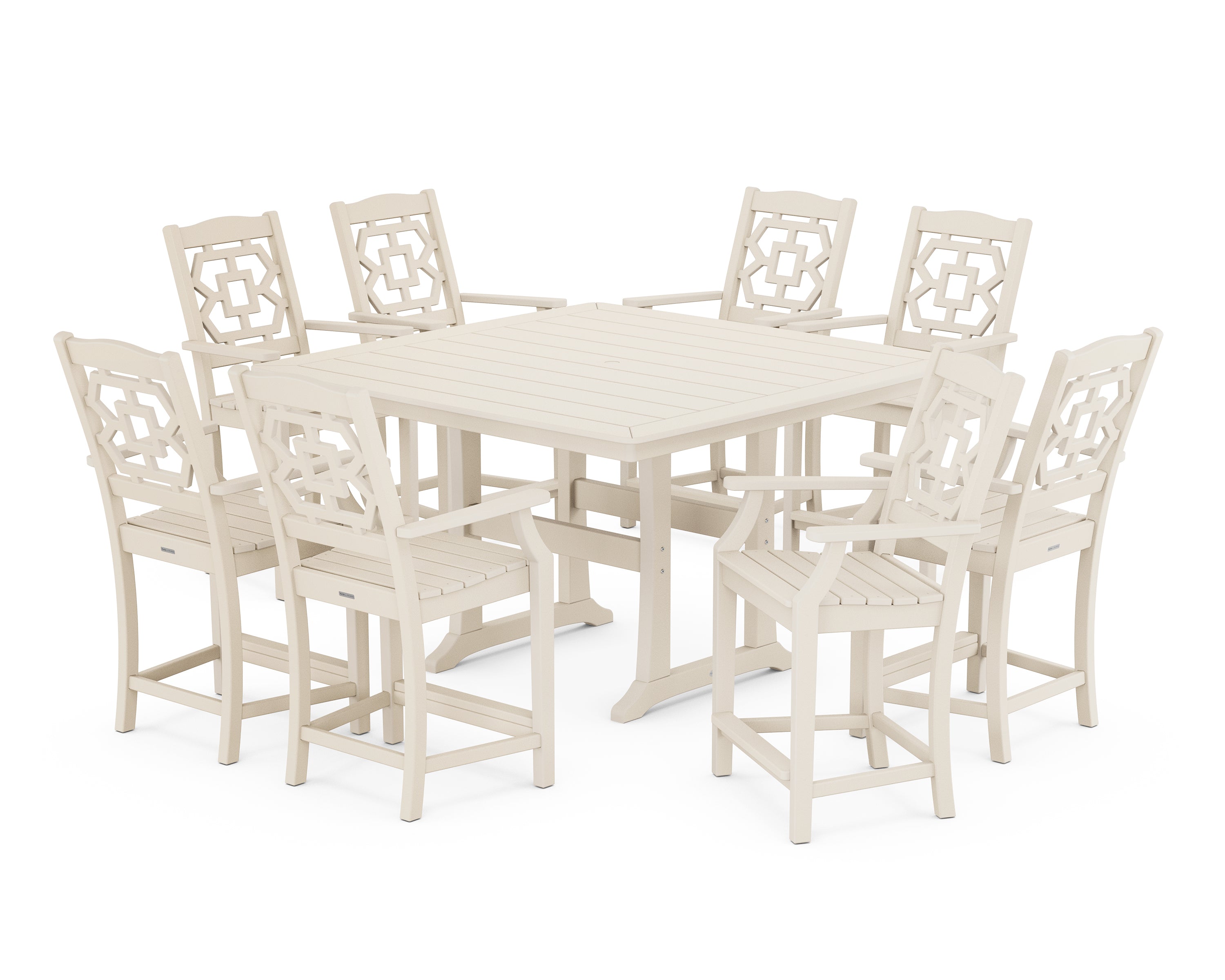Martha Stewart by POLYWOOD® Chinoiserie 9-Piece Square Counter Set with Trestle Legs in Sand