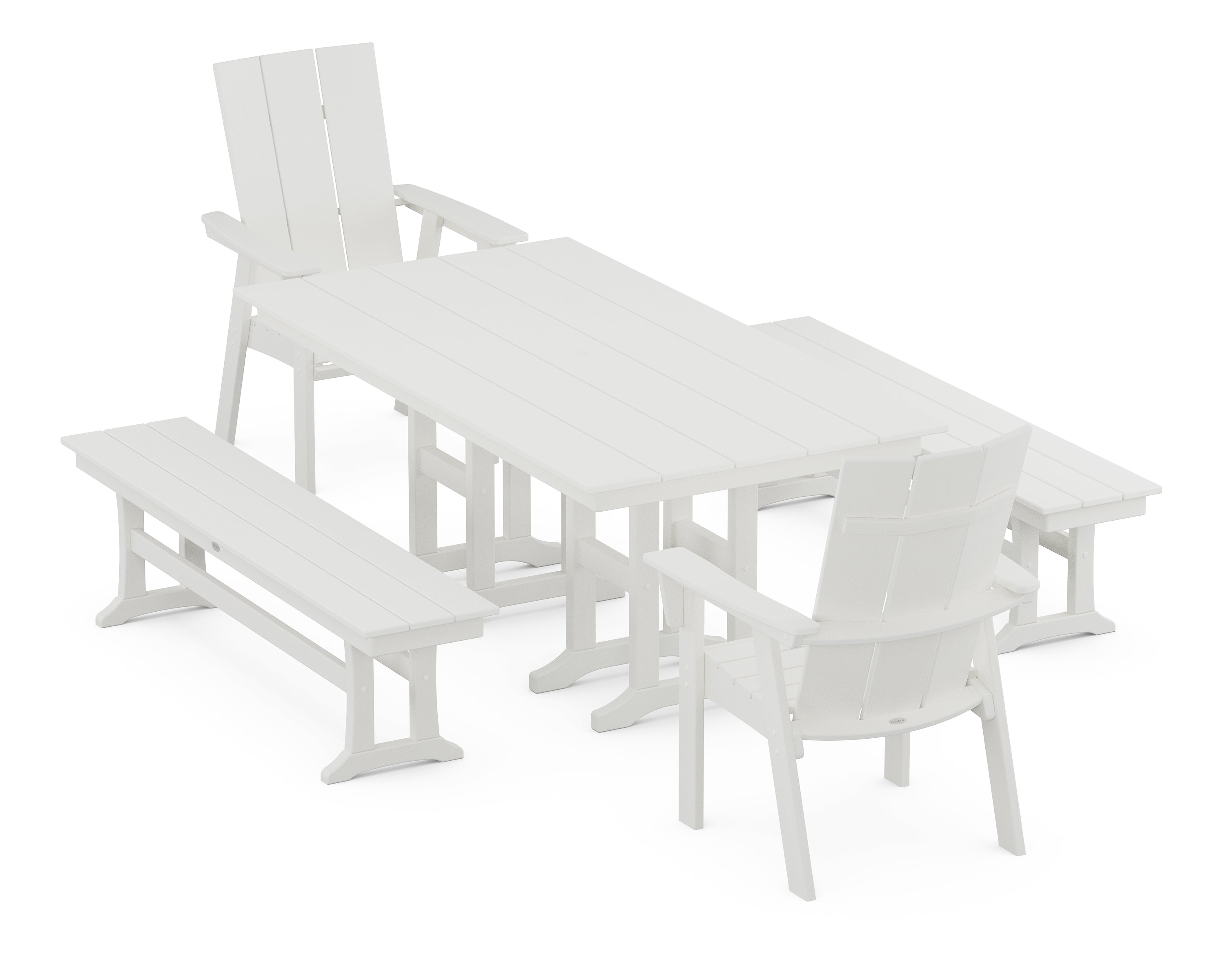 POLYWOOD® Modern Curveback Adirondack 5-Piece Farmhouse Dining Set with Benches in Vintage White