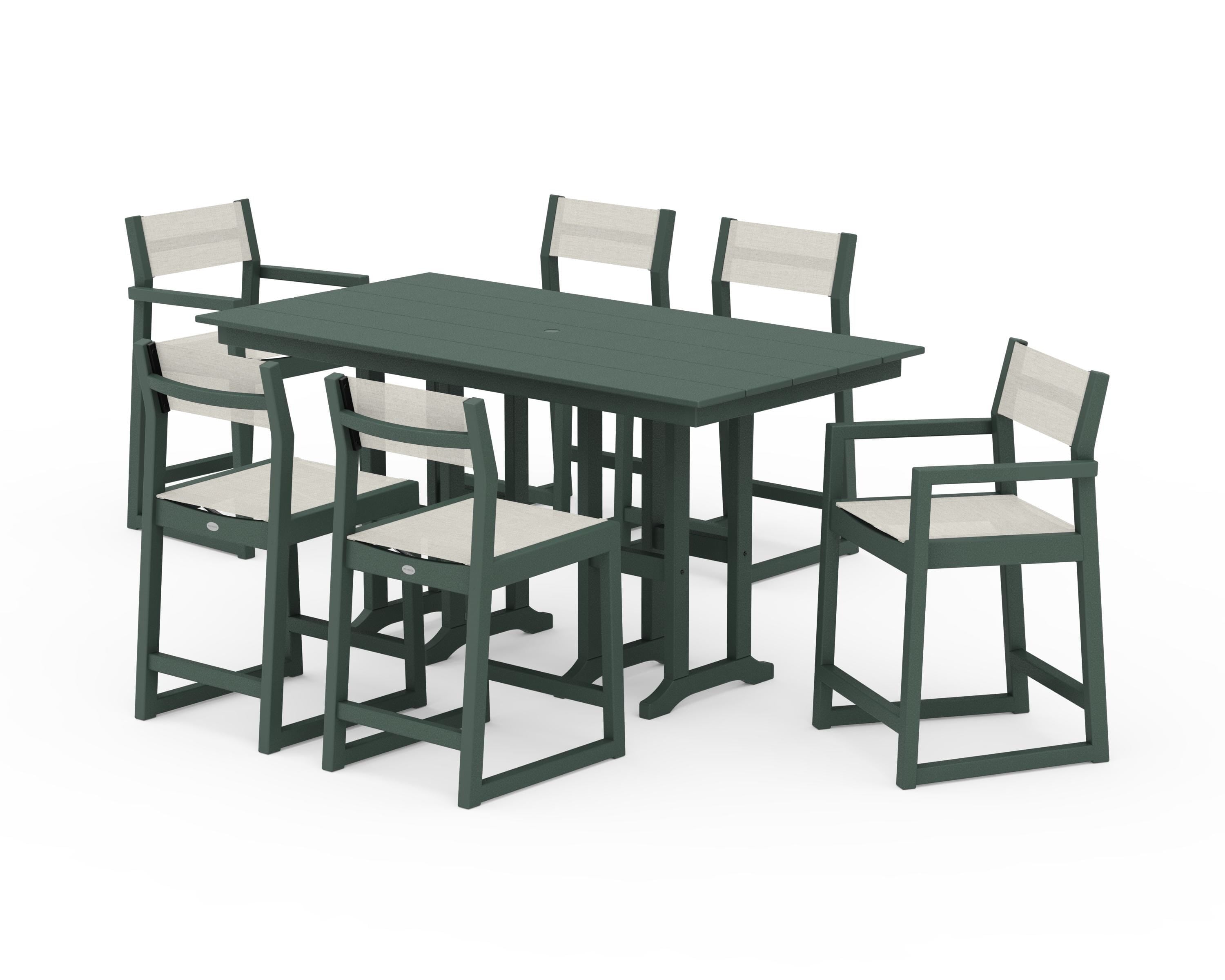 POLYWOOD EDGE Sling 7-Piece Farmhouse Counter Set with Trestle Legs in Green / Parchment Sling