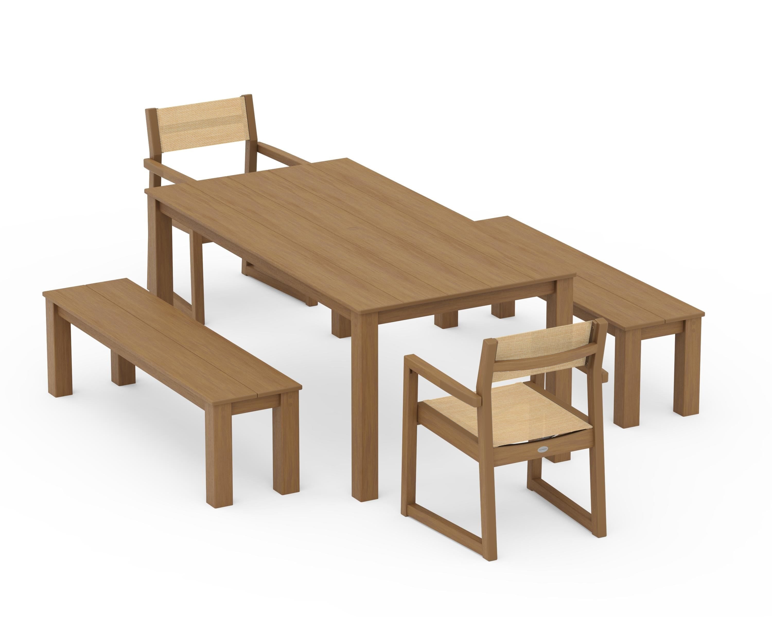 POLYWOOD EDGE Sling Arm Chair 5-Piece Parsons Dining Set with Benches in Natural / Dupioni Apricot Sling