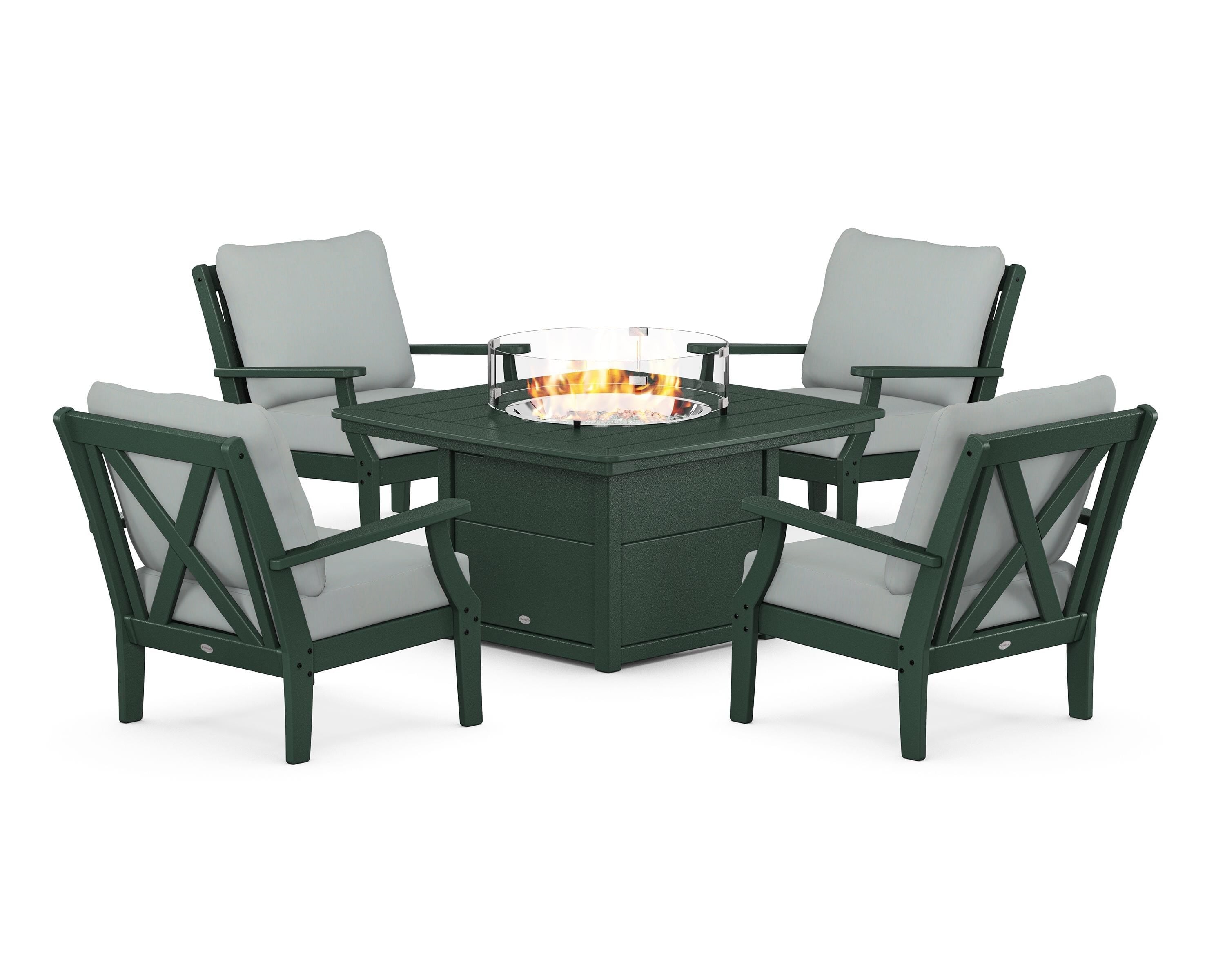 POLYWOOD Braxton 5-Piece Deep Seating Conversation Set with Fire Pit Table in Green / Spa