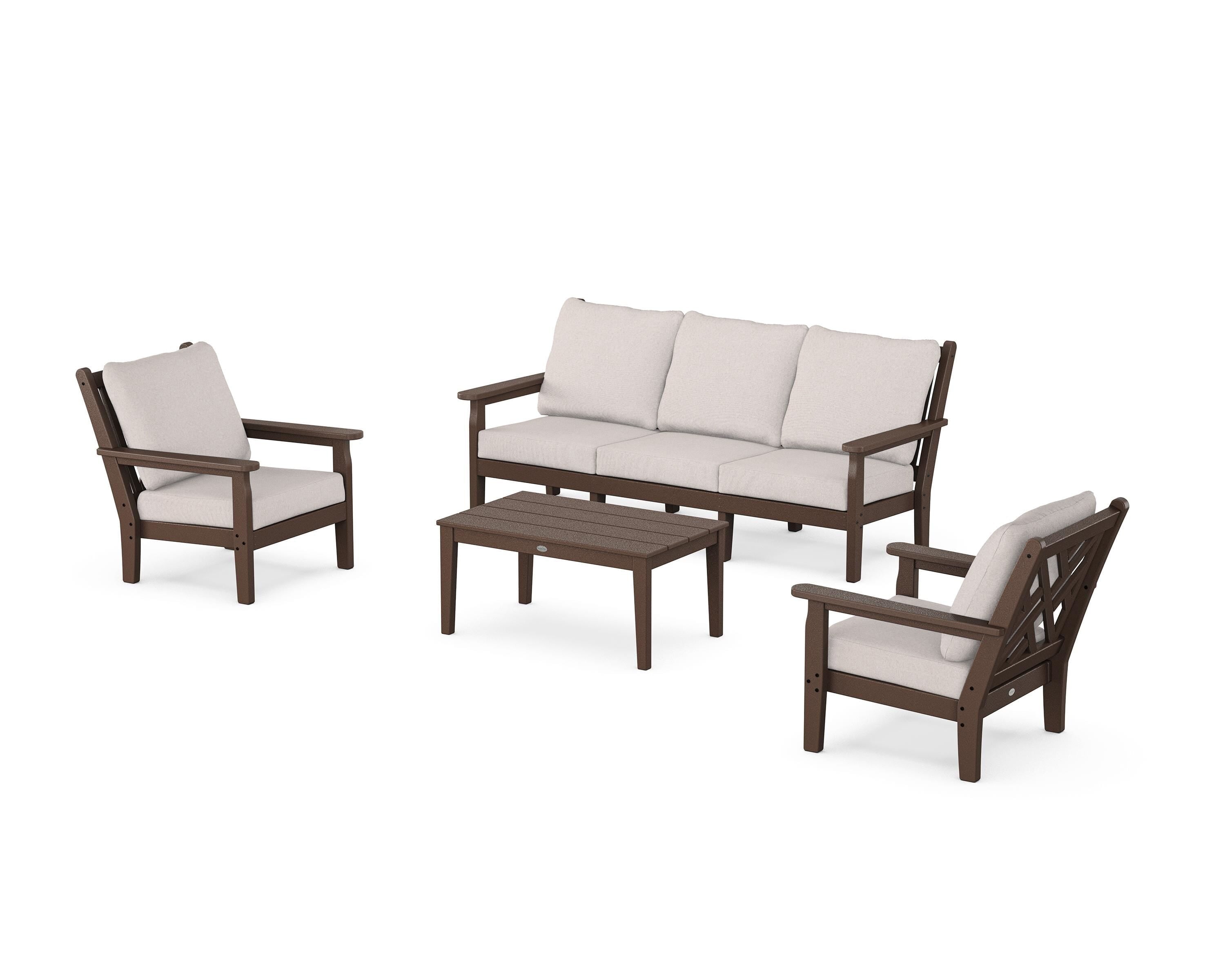 POLYWOOD Chippendale 4-Piece Deep Seating Set with Sofa in Mahogany / Dune Burlap