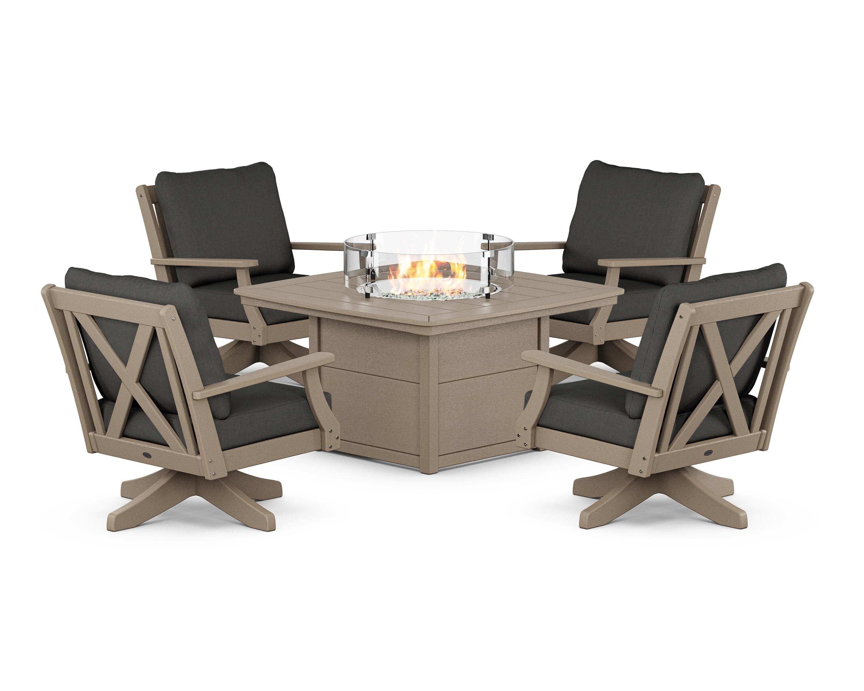 POLYWOOD Braxton 5-Piece Deep Seating Swivel Conversation Set with Fire Pit Table in Vintage Sahara / Spectrum Carbon