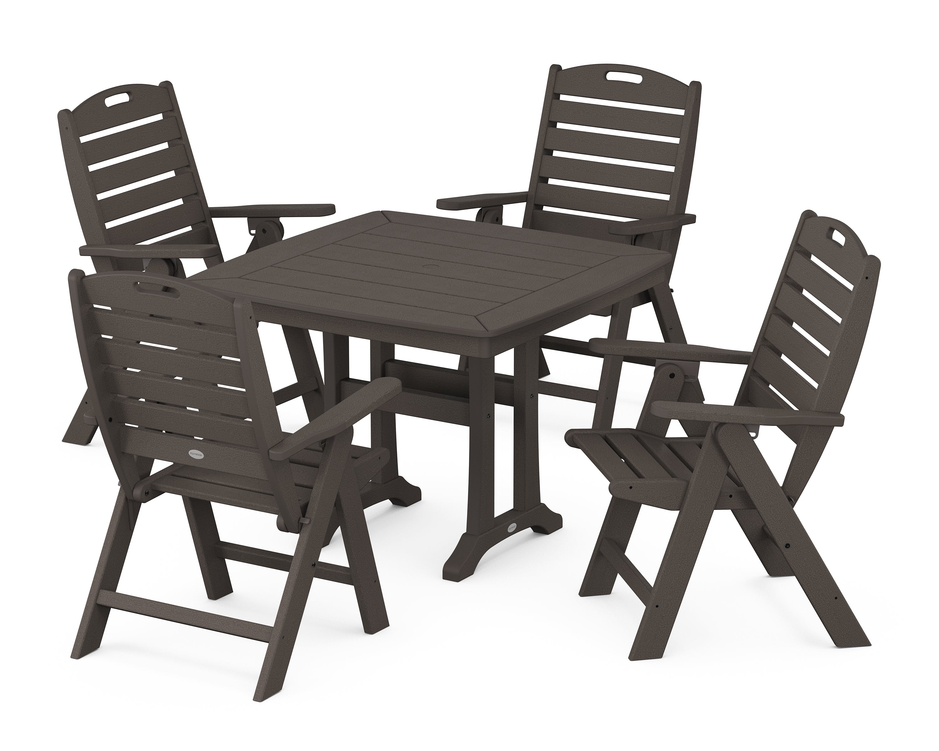POLYWOOD Nautical Folding Highback Chair 5-Piece Dining Set with Trestle Legs in Vintage Coffee