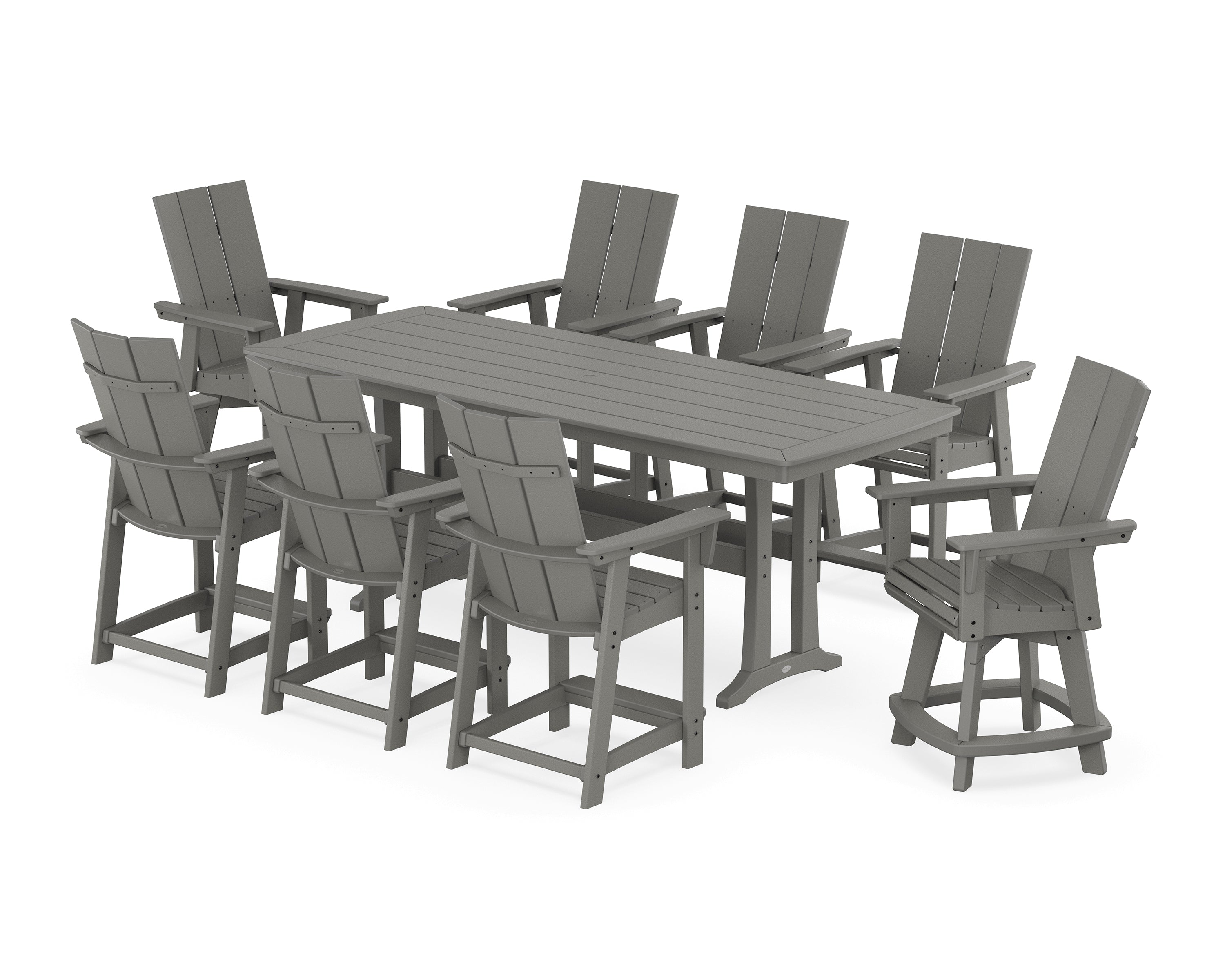 POLYWOOD® Modern Curveback Adirondack Swivel 9-Piece Counter Set with Trestle Legs in Slate Grey