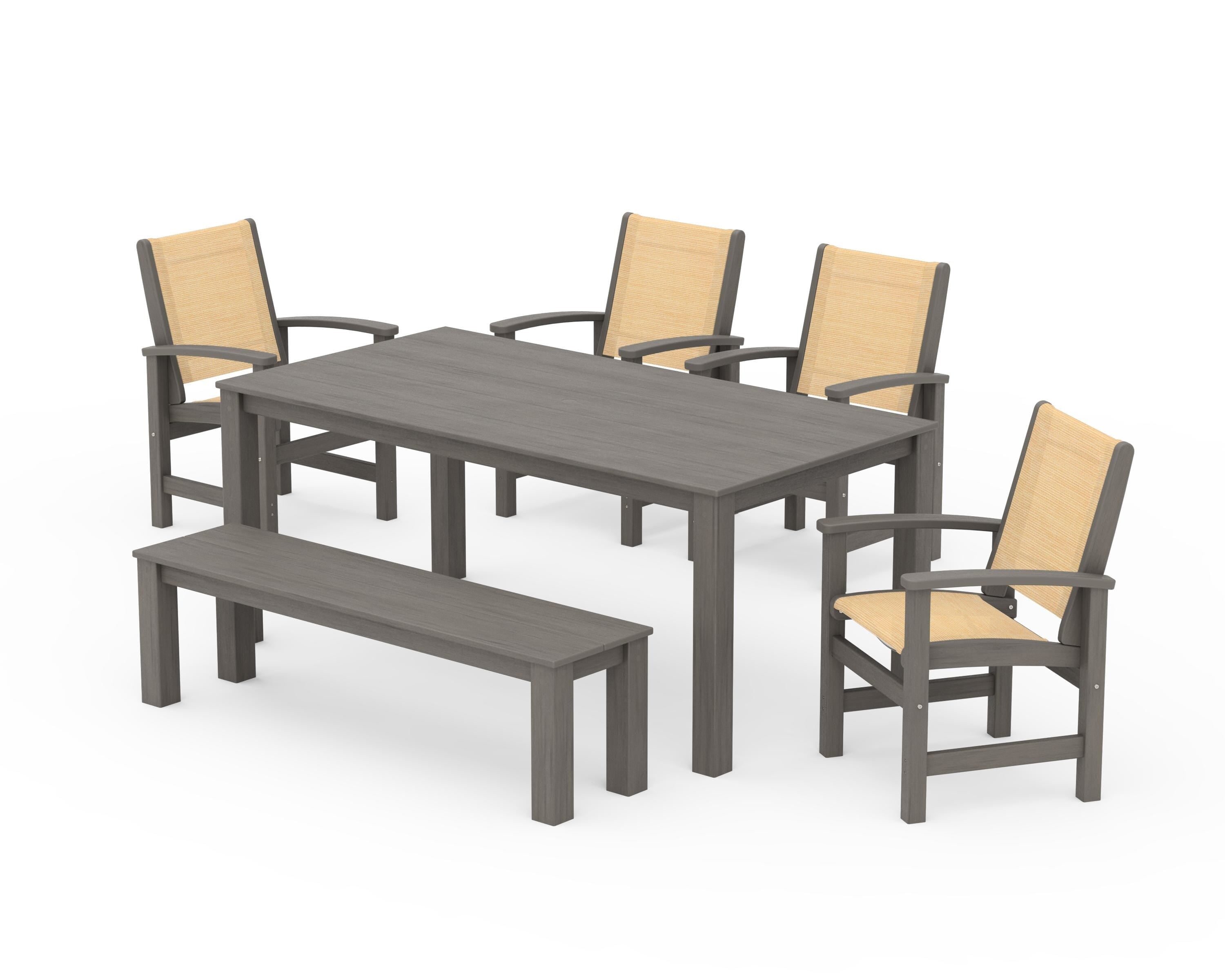 POLYWOOD Coastal 6-Piece Parsons Dining Set with Bench in Driftwood / Dupioni Apricot Sling