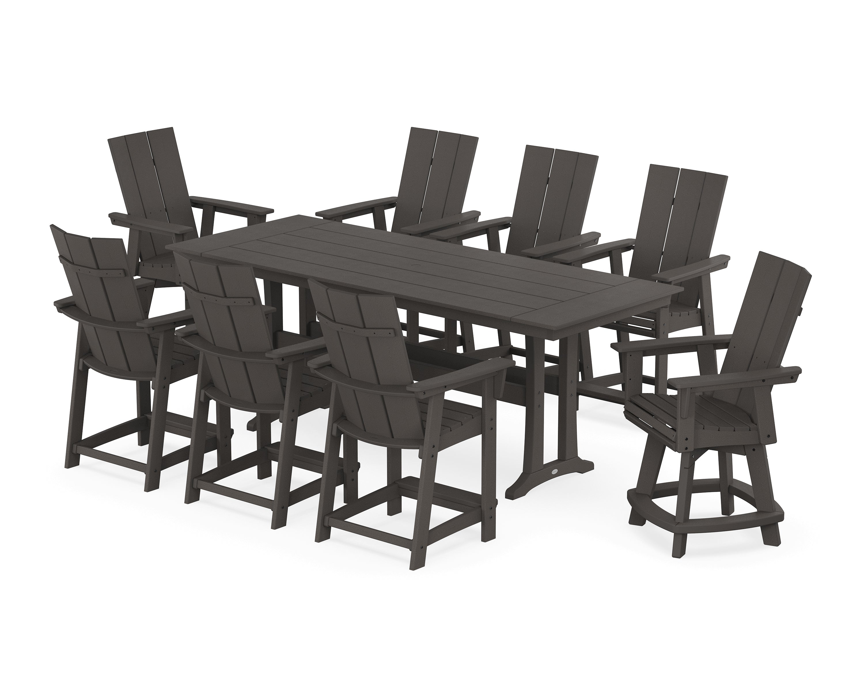 POLYWOOD® Modern Curveback Adirondack Swivel 9-Piece Farmhouse Counter Set with Trestle Legs in Vintage Coffee