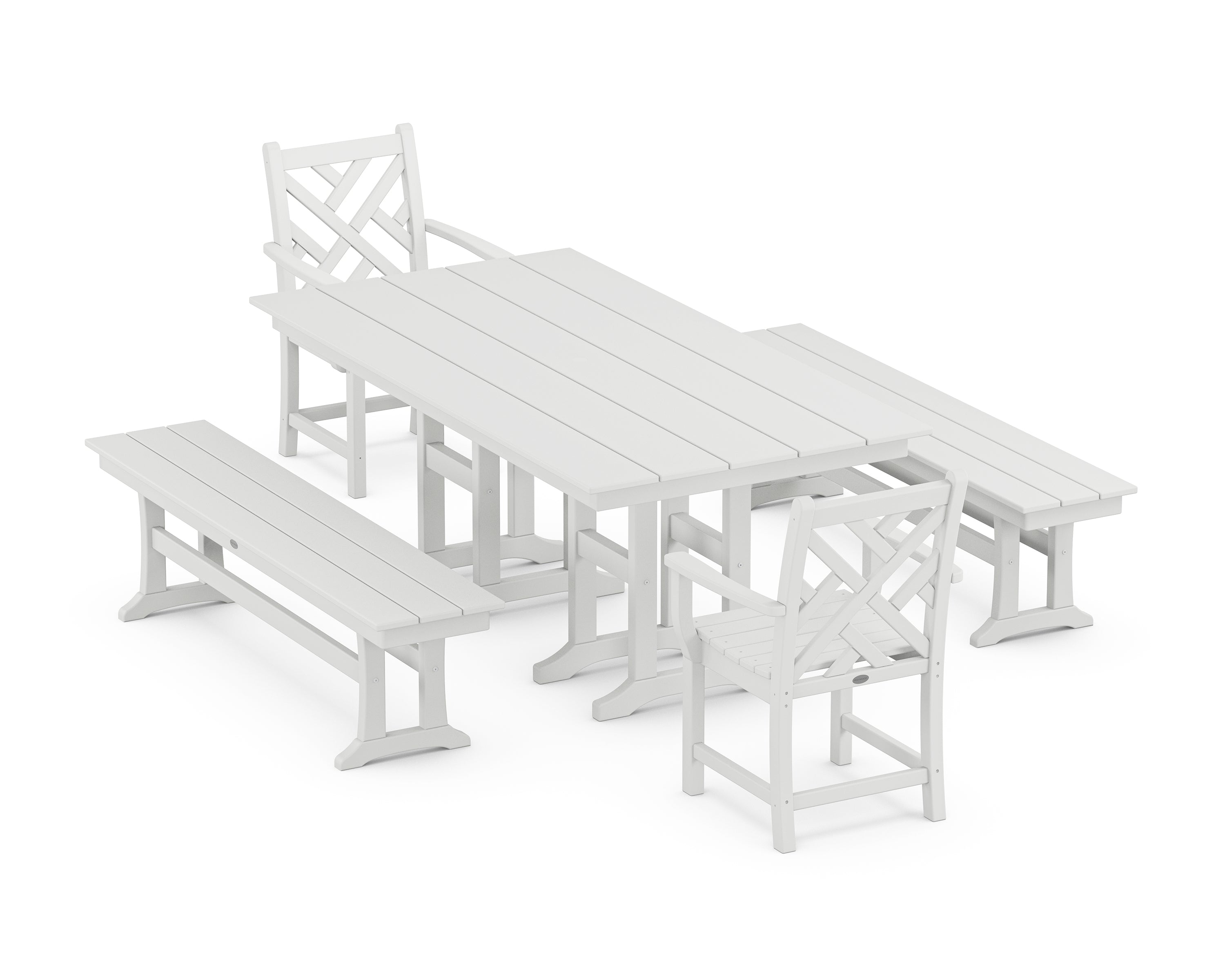 POLYWOOD Chippendale 5-Piece Farmhouse Dining Set with Benches in White