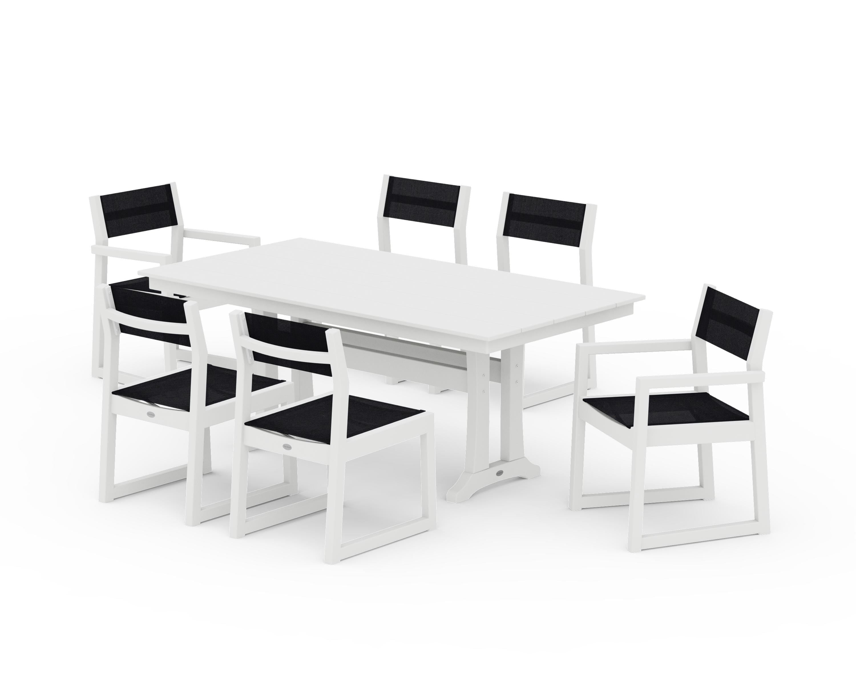 POLYWOOD EDGE Sling 7-Piece Farmhouse Trestle Dining Set in White / Black Sling