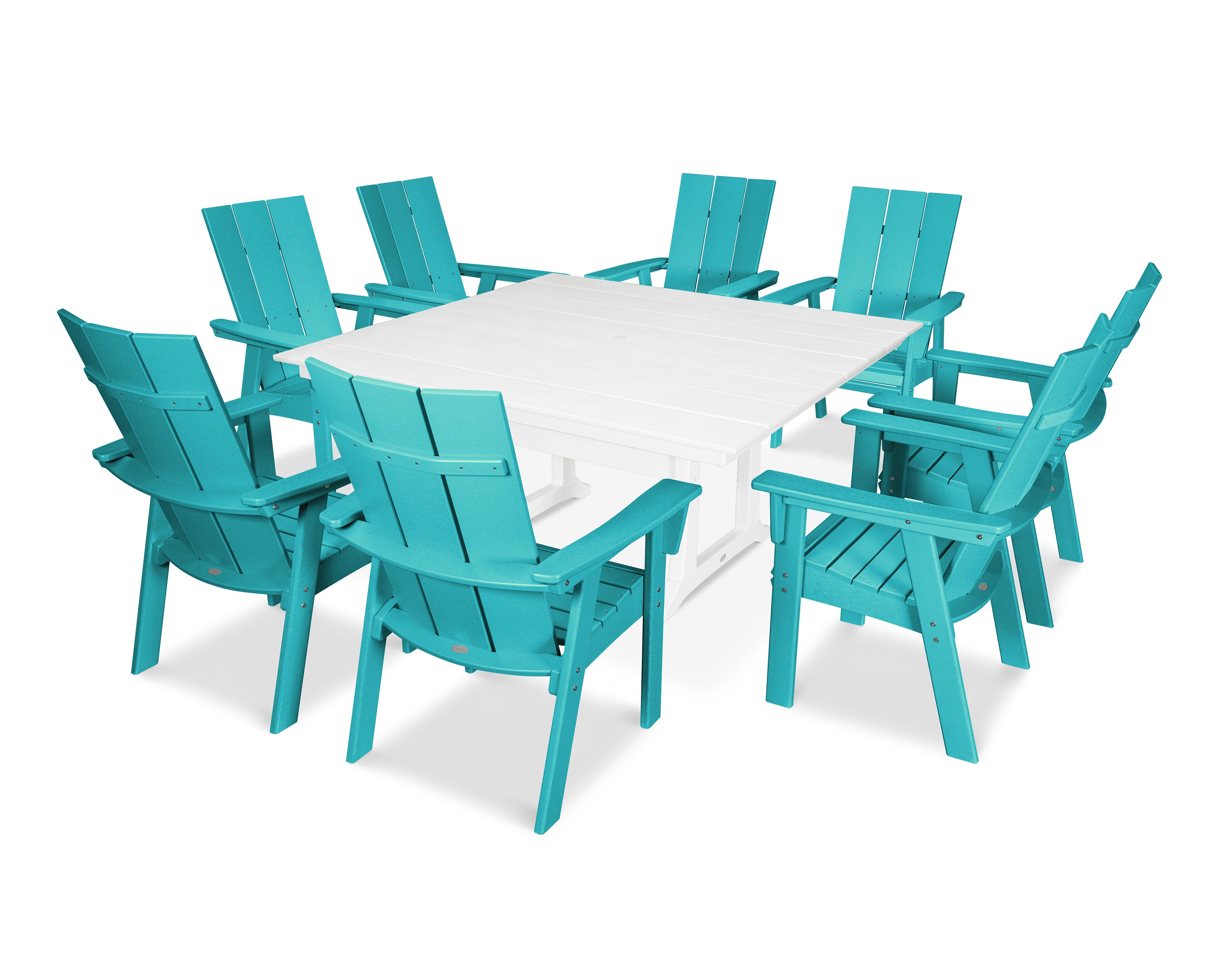 POLYWOOD® Modern Curveback Adirondack 9-Piece Farmhouse Trestle Dining Set in Aruba / White