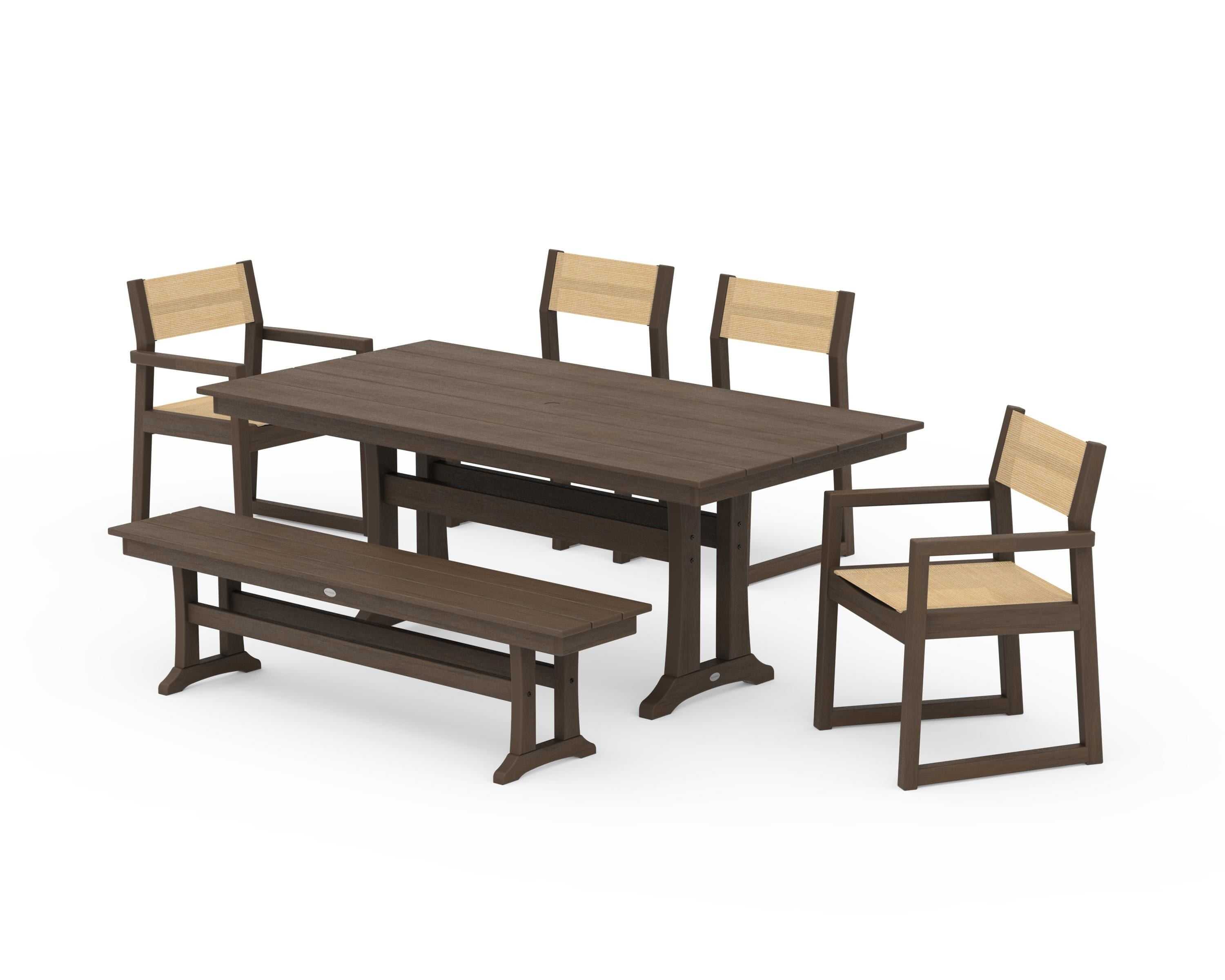 POLYWOOD EDGE Sling 6-Piece Farmhouse Dining Set With Trestle Legs in Kona / Dupioni Apricot Sling