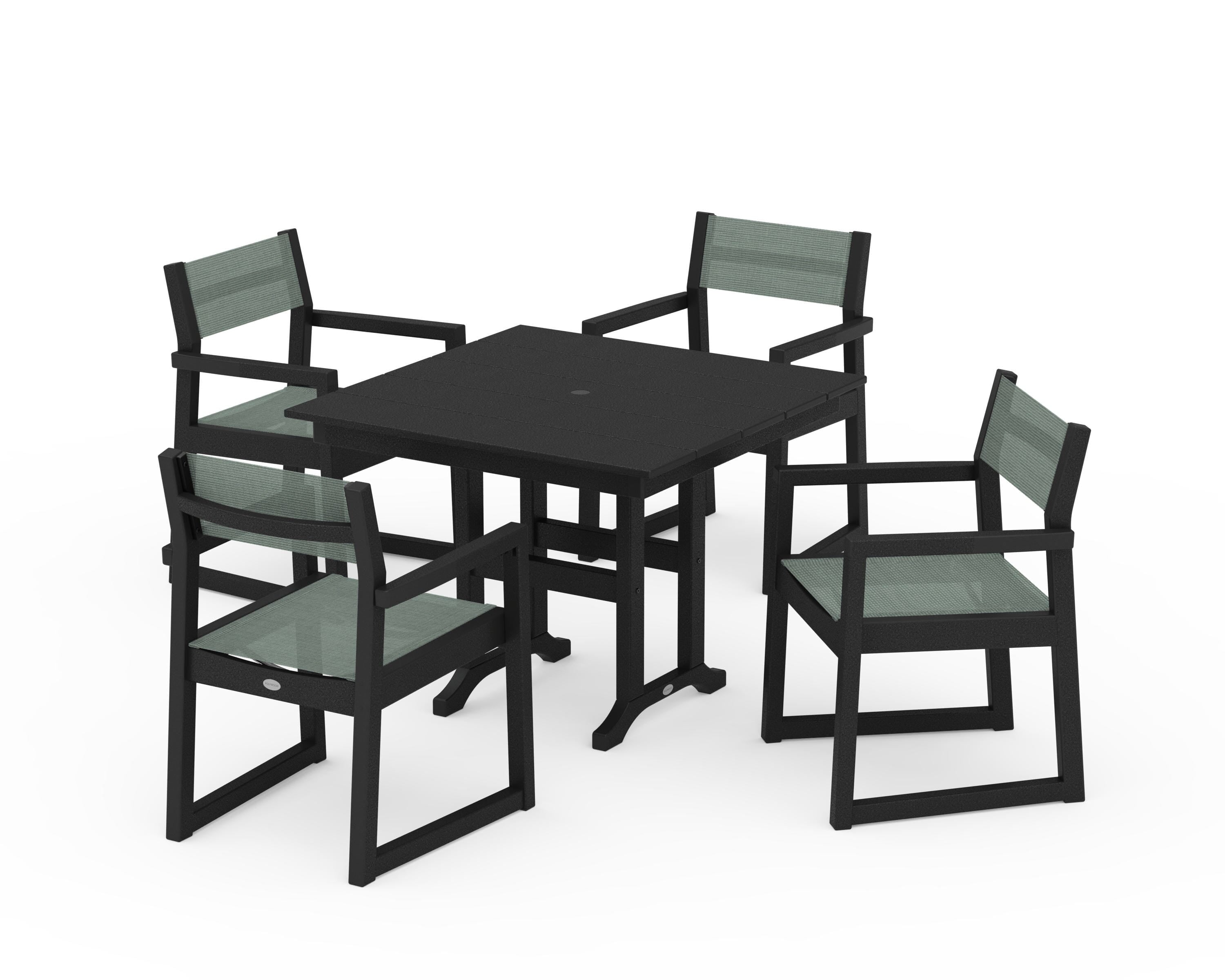 POLYWOOD EDGE Sling Arm Chair 5-Piece Farmhouse Dining Set in Black / Dupioni Sea Mist Sling