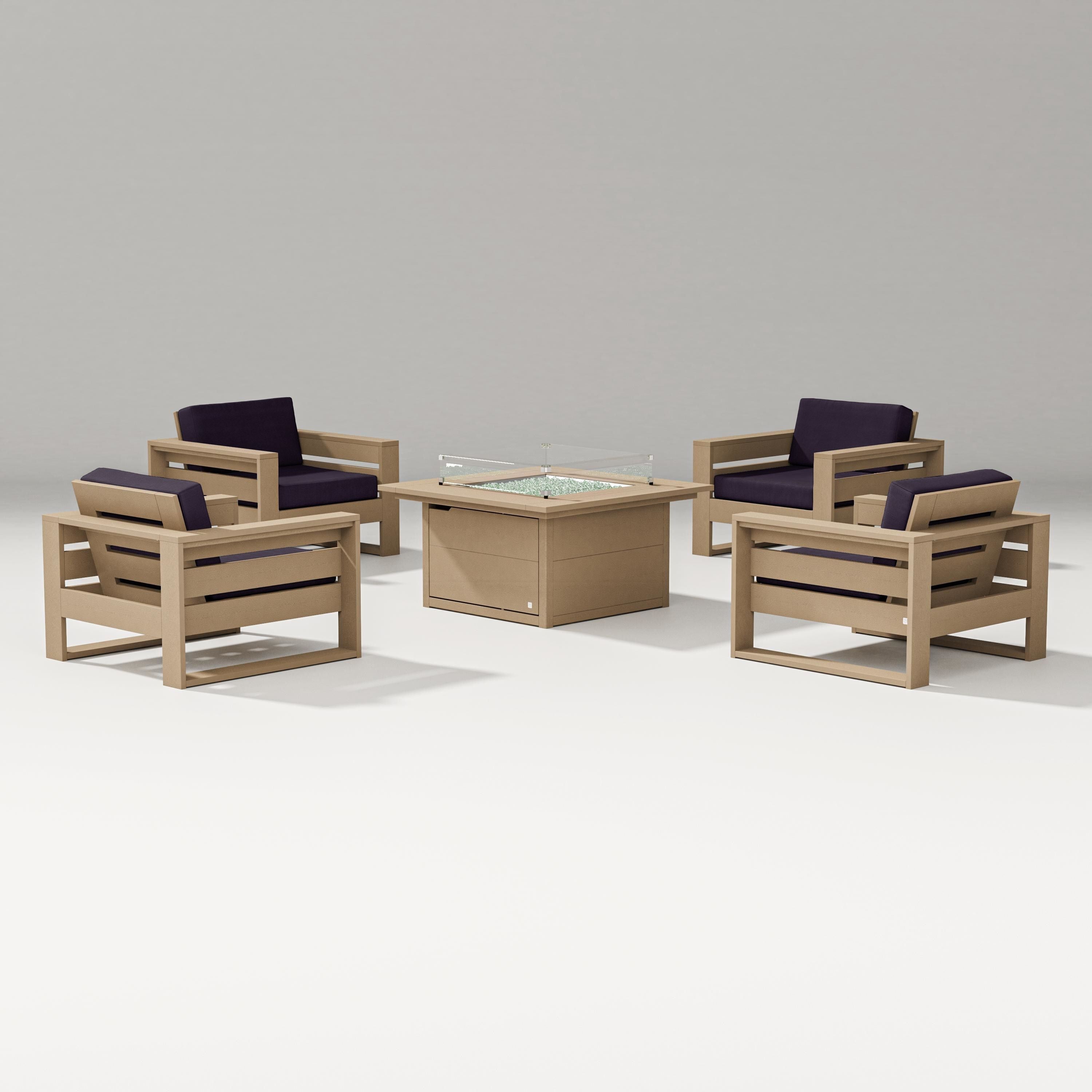 PW Designer Series Latitude 5-Piece Lounge Fire Table Set in Vintage Sahara / Navy Linen