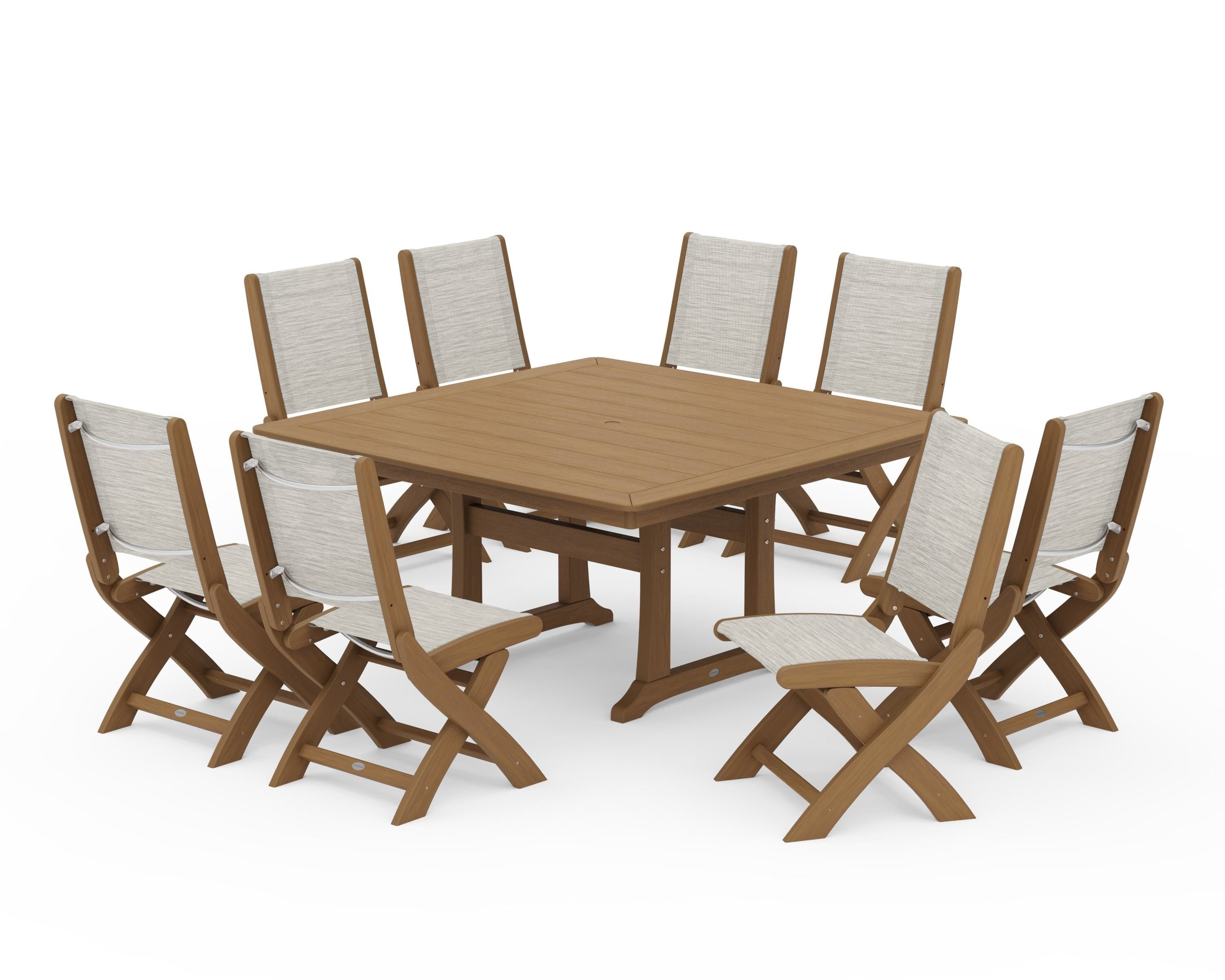 POLYWOOD Coastal Folding Side Chair 9-Piece Dining Set with Trestle Legs in Natural / Birch Sling