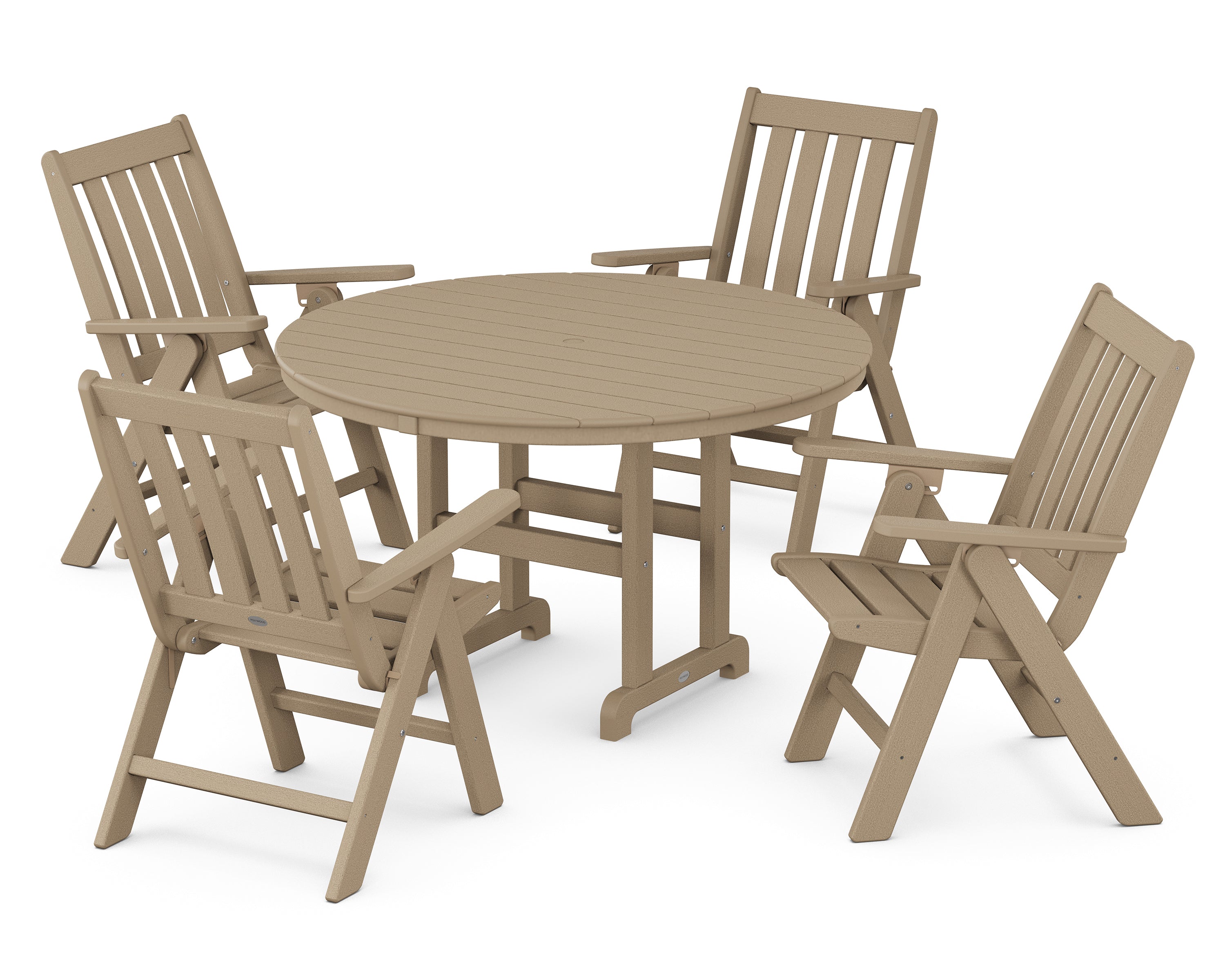 POLYWOOD® Vineyard Folding Chair 5-Piece Round Farmhouse Dining Set in Vintage Sahara