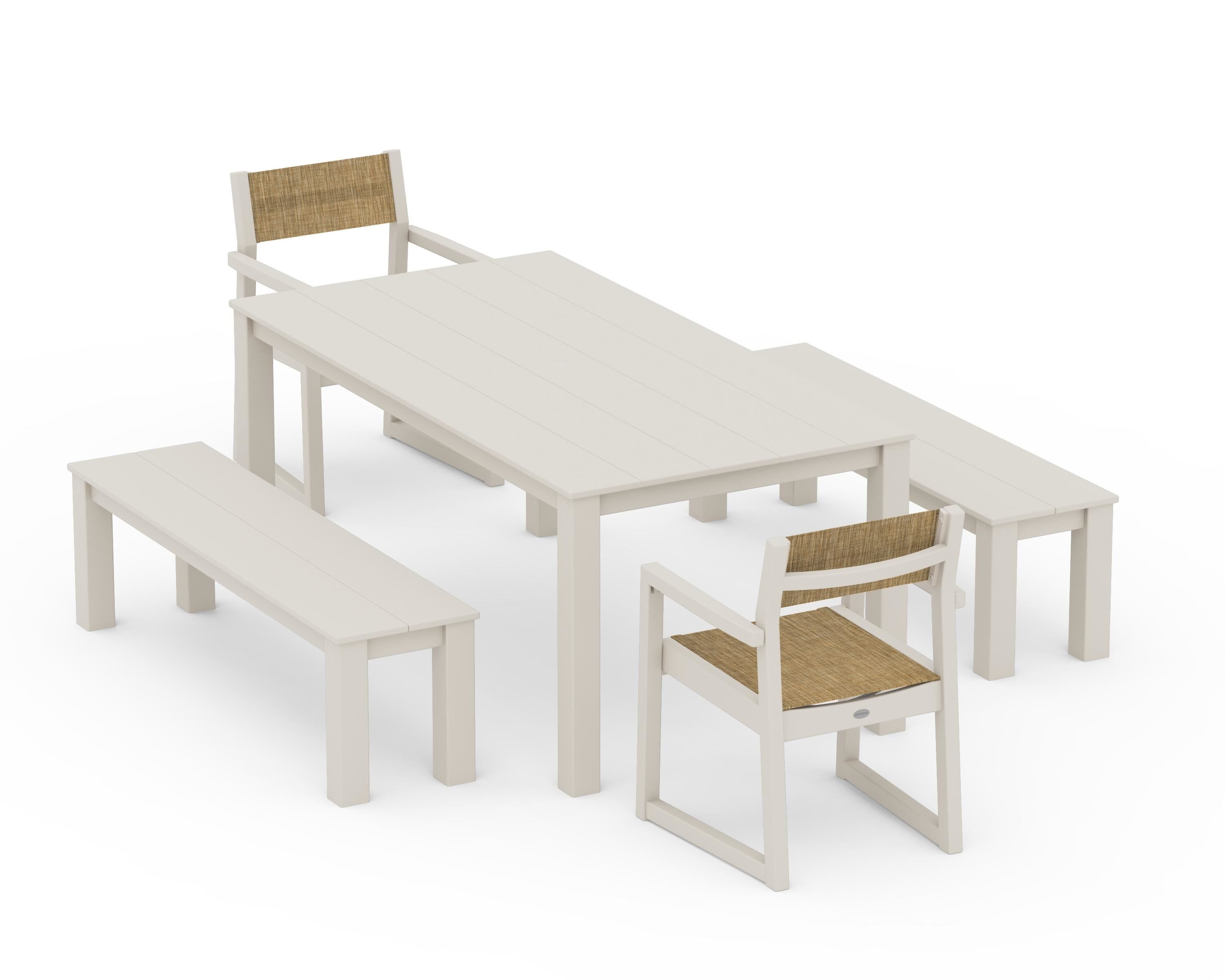 POLYWOOD EDGE Sling Arm Chair 5-Piece Parsons Dining Set with Benches in Sand / Burlap Sling