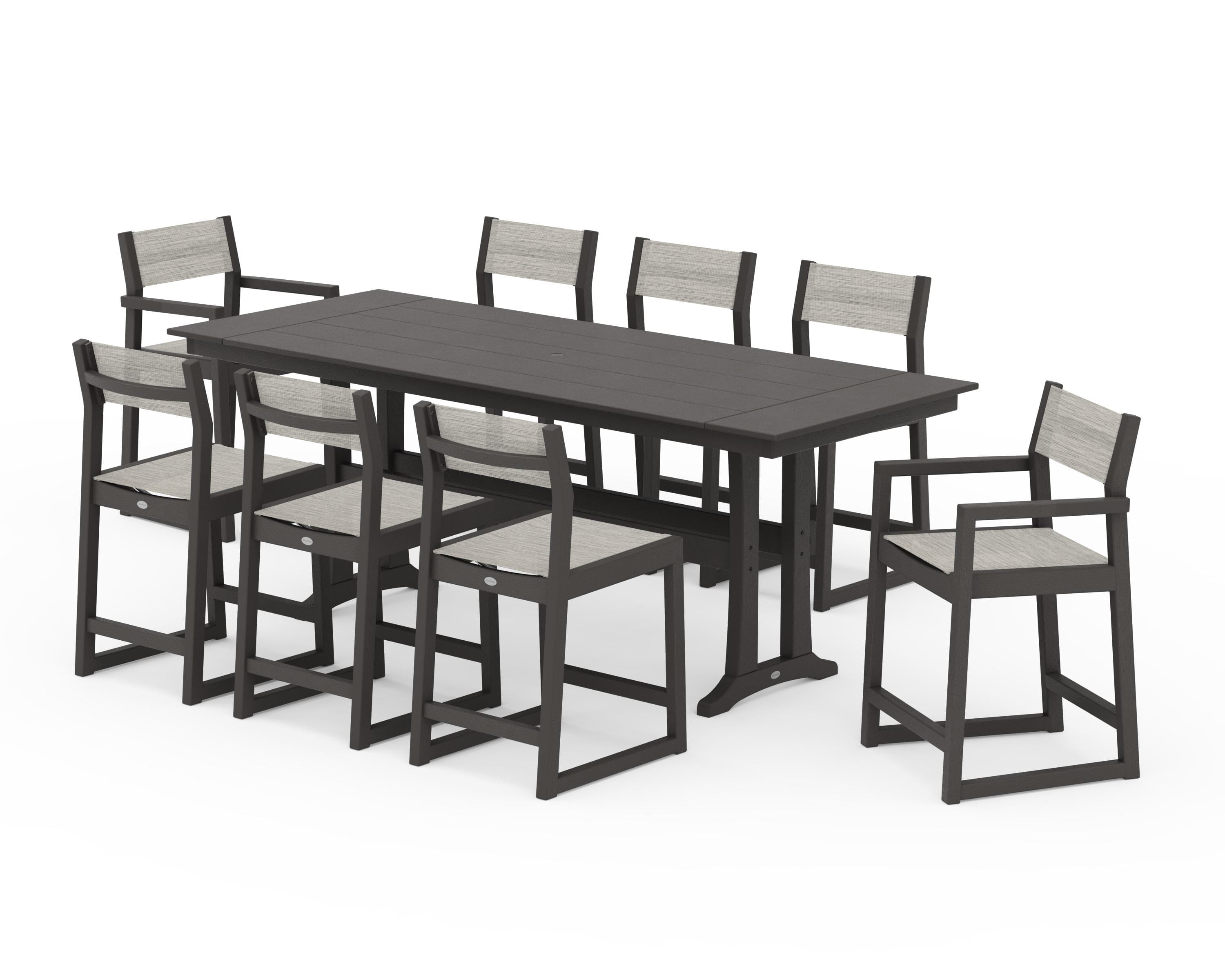 POLYWOOD EDGE Sling 9-Piece Farmhouse Counter Set with Trestle Legs in Vintage Coffee / Birch Sling
