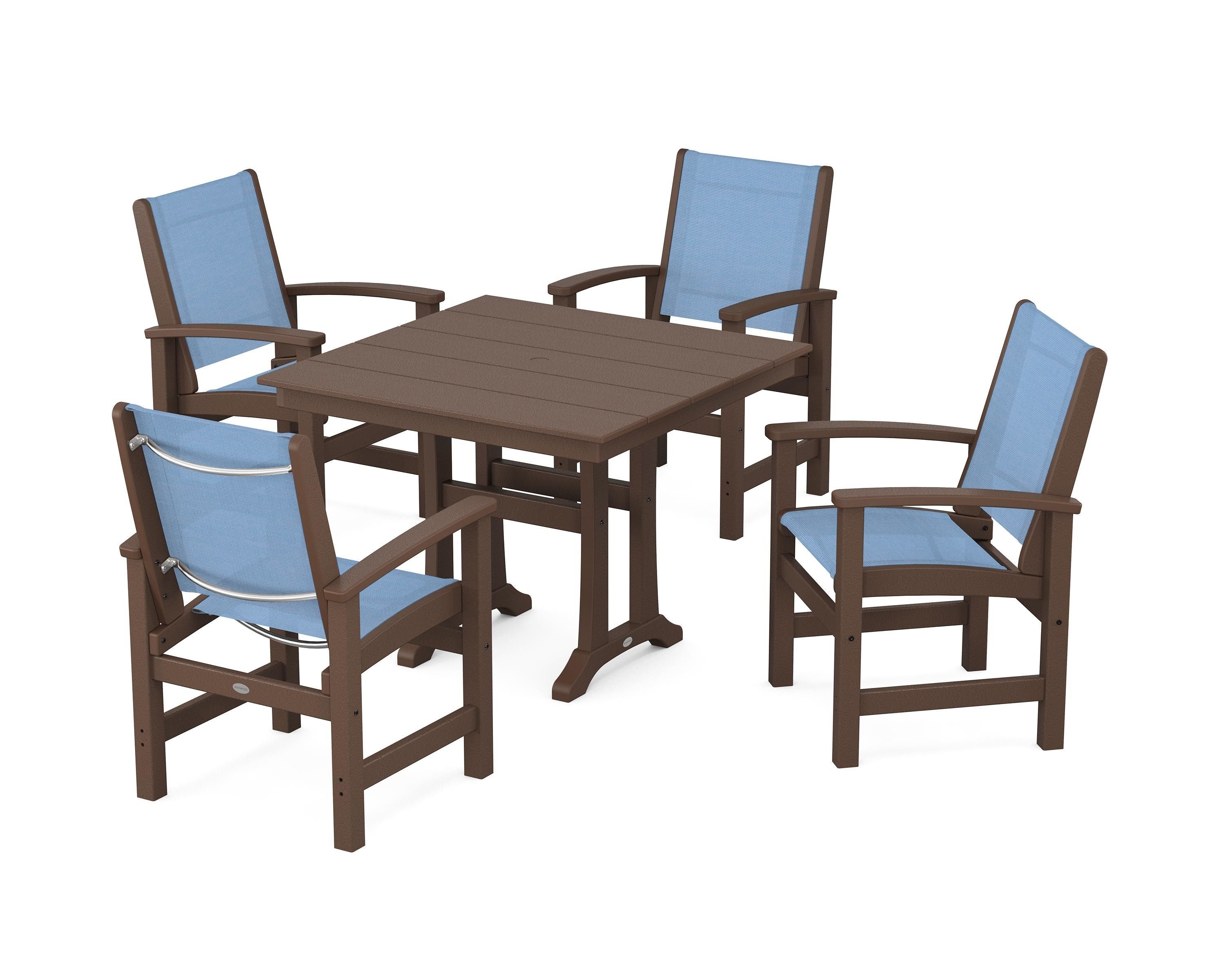 POLYWOOD Coastal 5-Piece Farmhouse Dining Set With Trestle Legs in Mahogany / Poolside Sling