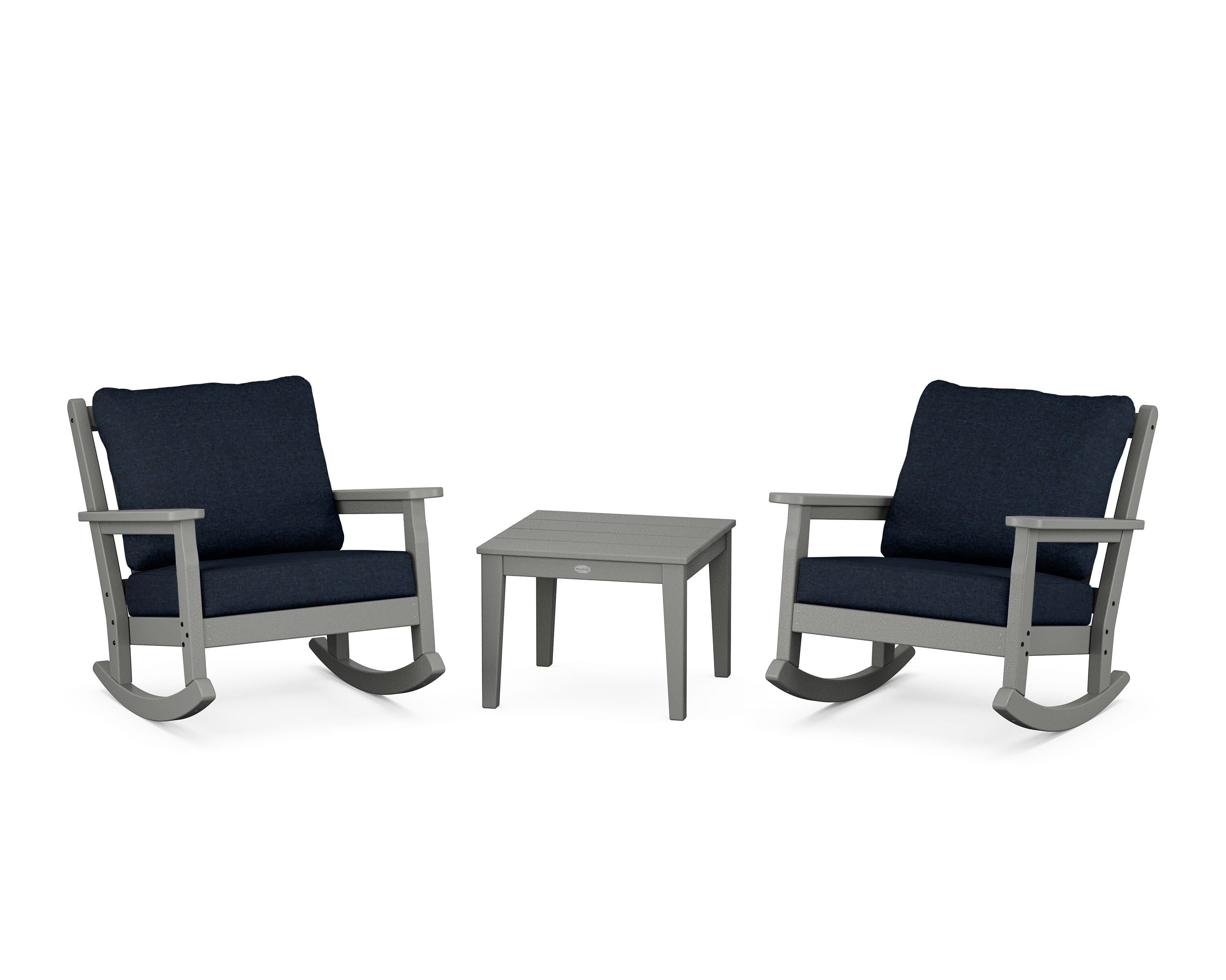 POLYWOOD Chippendale 3-Piece Deep Seating Rocker Set in Slate Grey / Marine Indigo