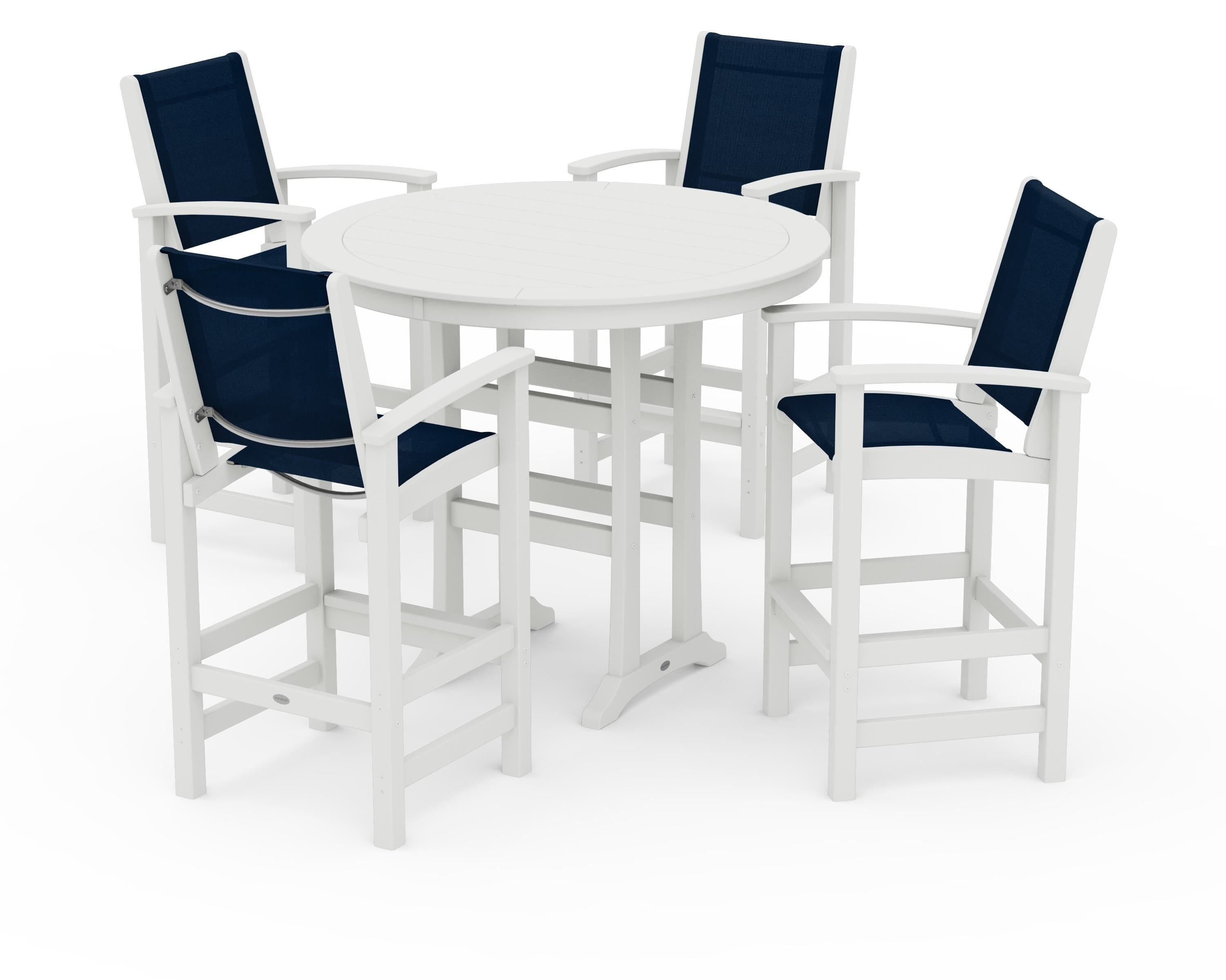 POLYWOOD Coastal 5-Piece Nautical Trestle Bar Set in Vintage White / Navy Blue Sling