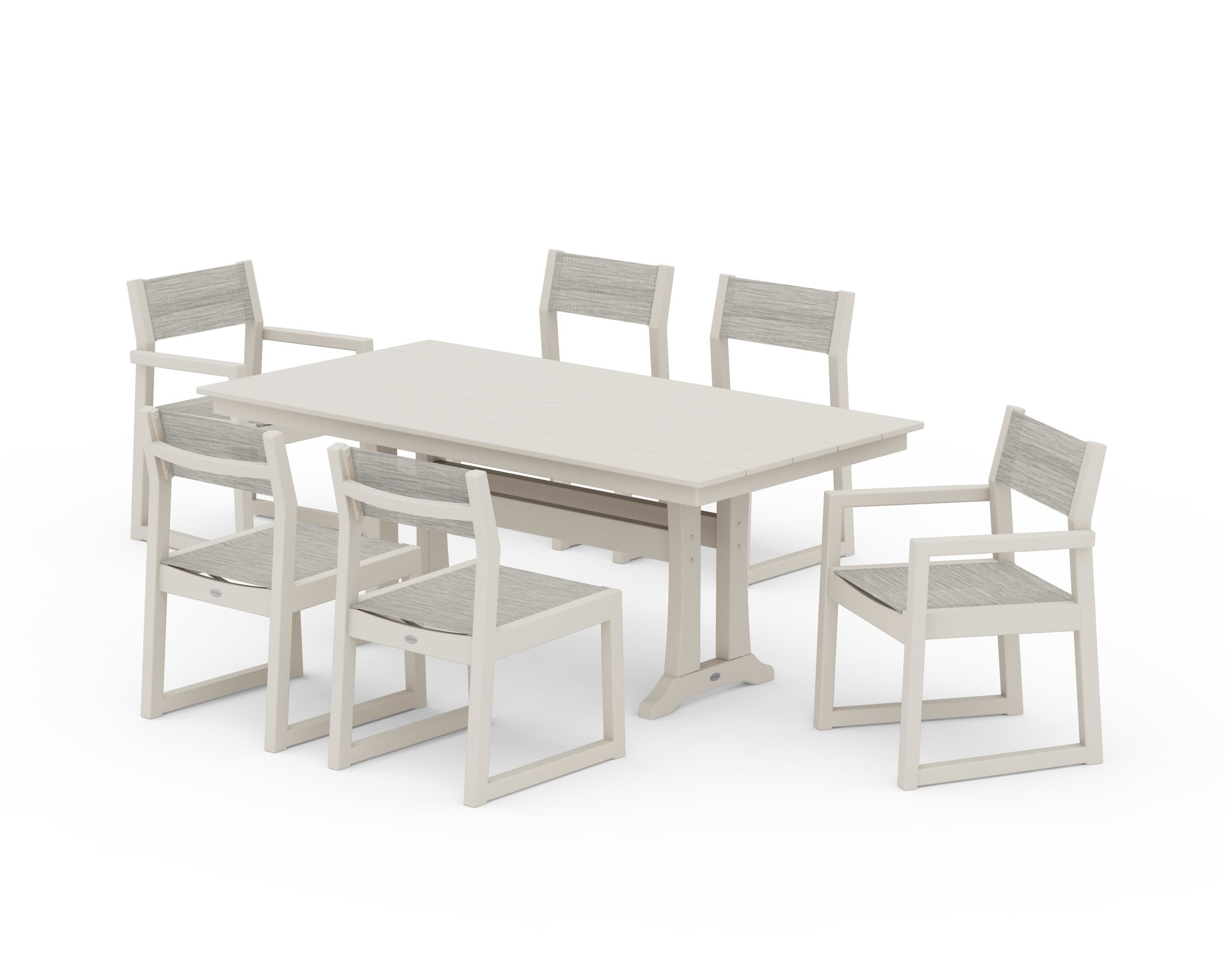 POLYWOOD EDGE Sling 7-Piece Farmhouse Trestle Dining Set in Sand / Birch Sling