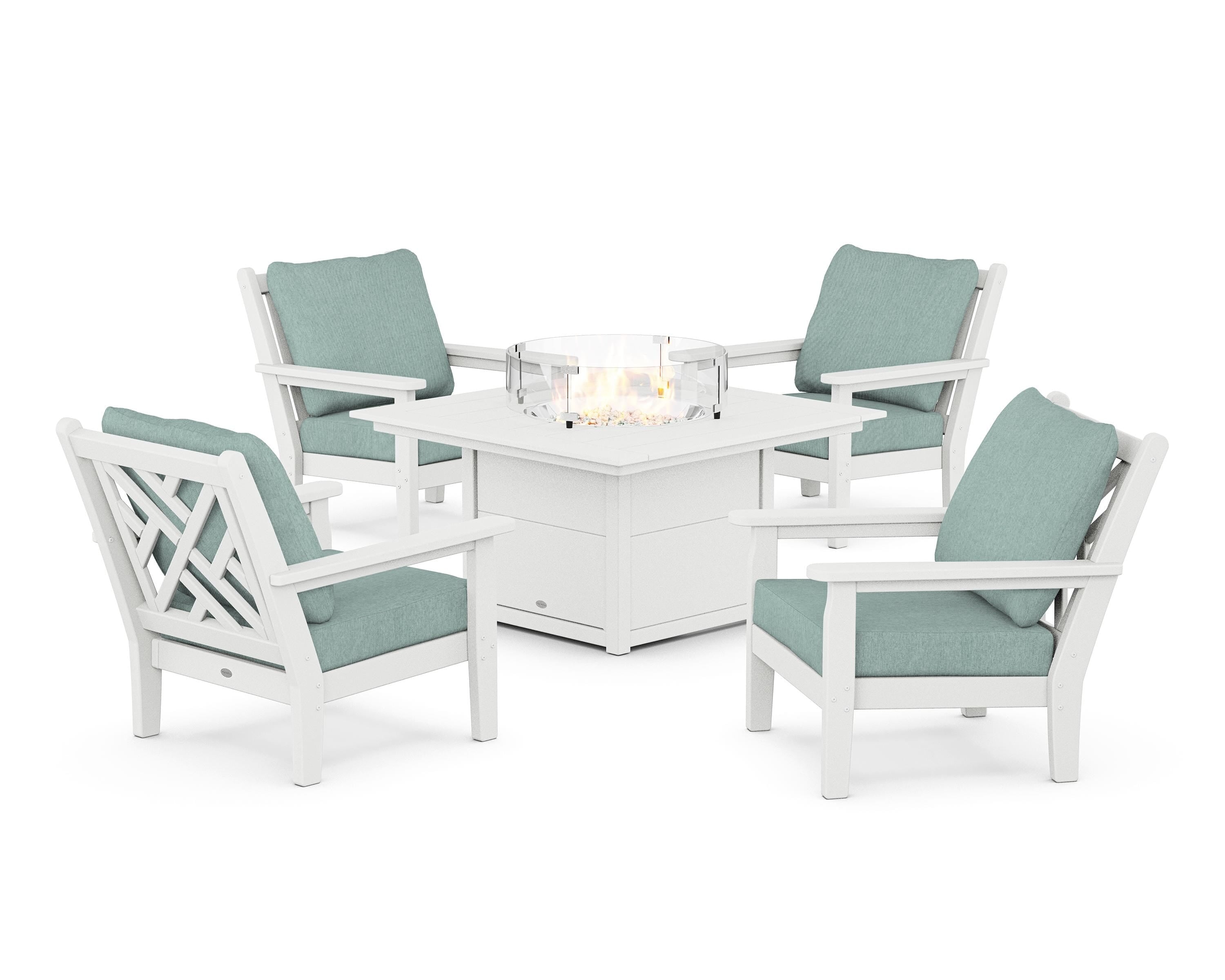 POLYWOOD Chippendale 5-Piece Deep Seating Set with Fire Pit Table in White / Glacier Spa