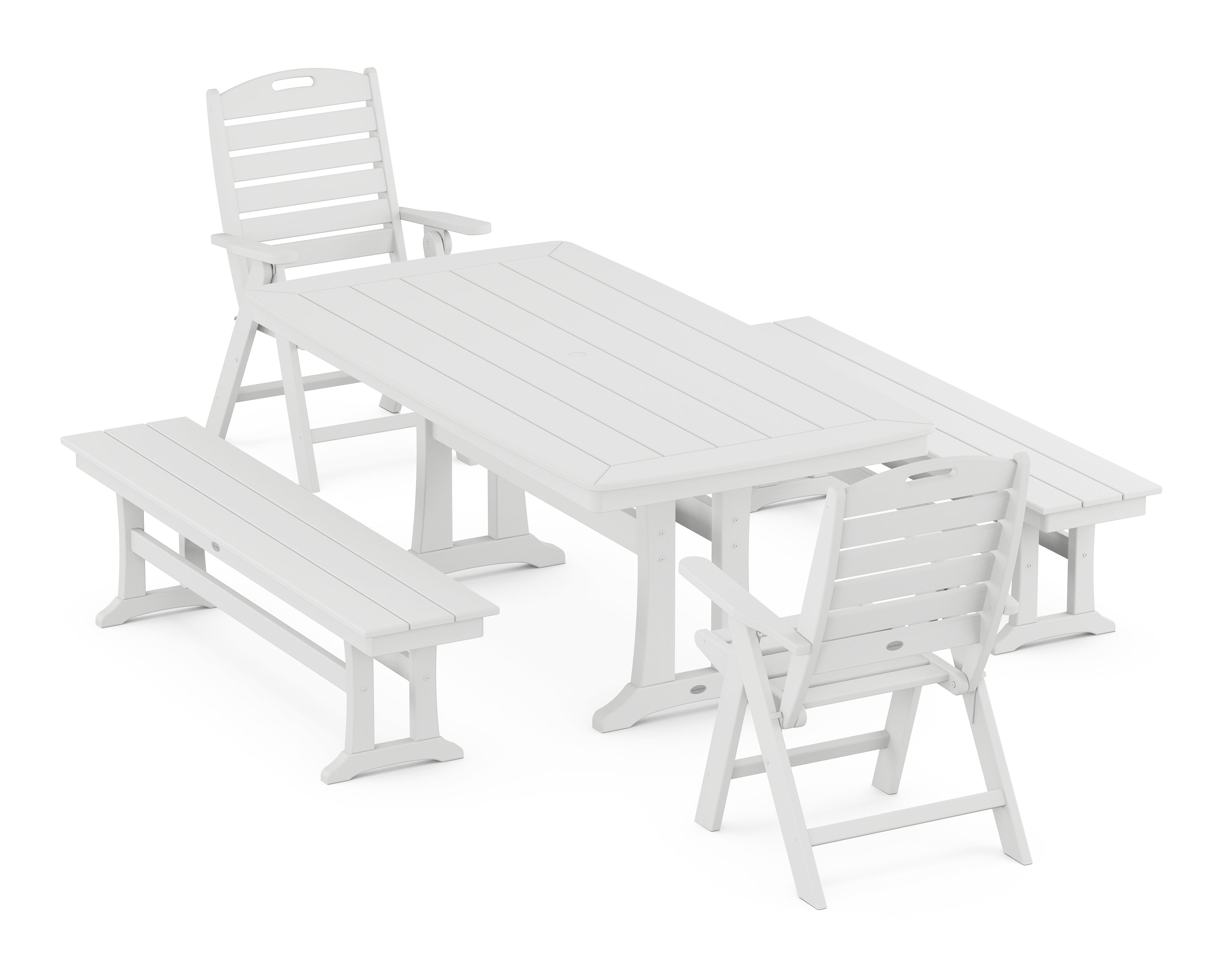 POLYWOOD Nautical Folding Highback Chair 5-Piece Dining Set with Trestle Legs and Benches in White