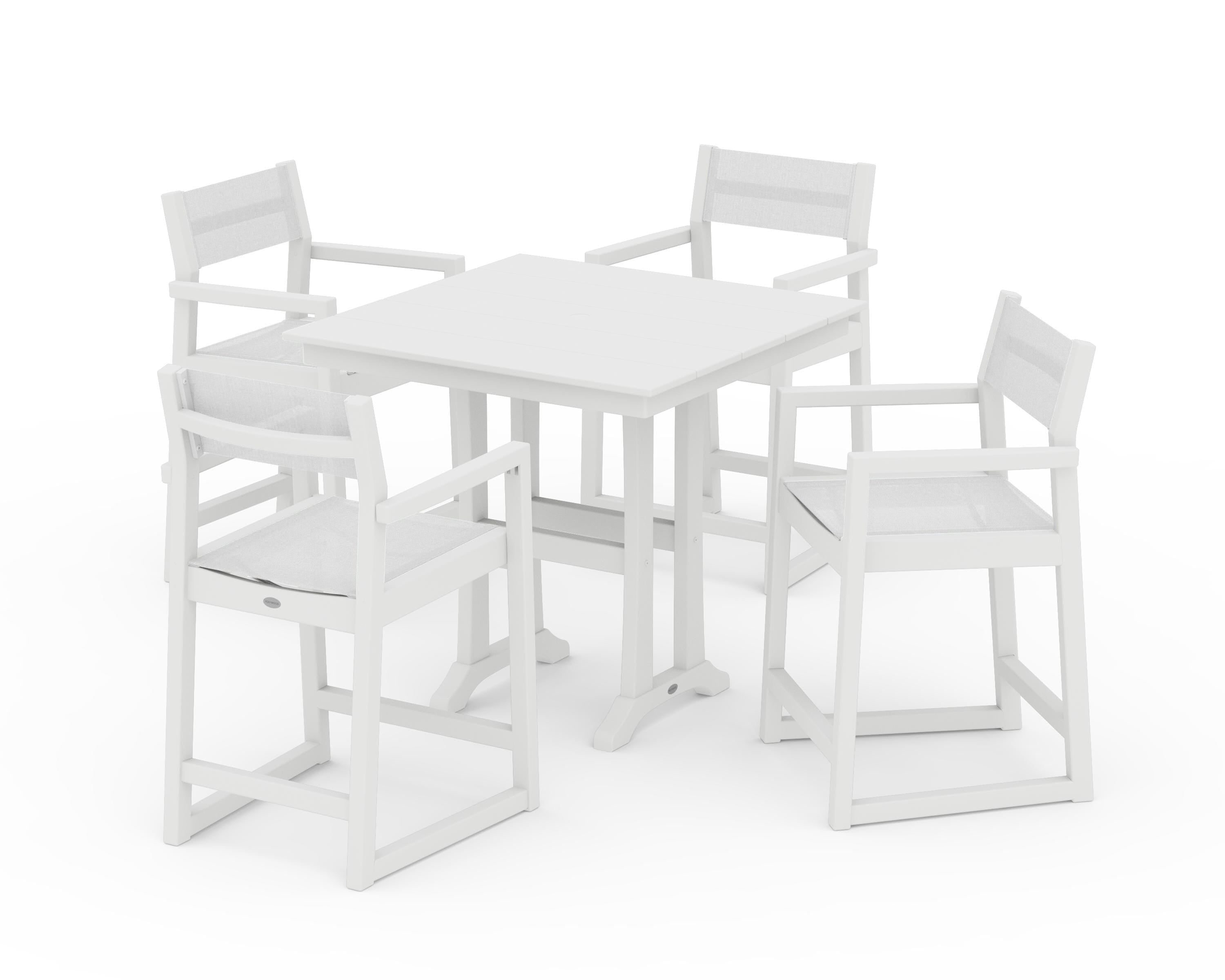 POLYWOOD EDGE Sling Arm Chair 5-Piece Farmhouse Counter Set with Trestle Legs in White / White Sling