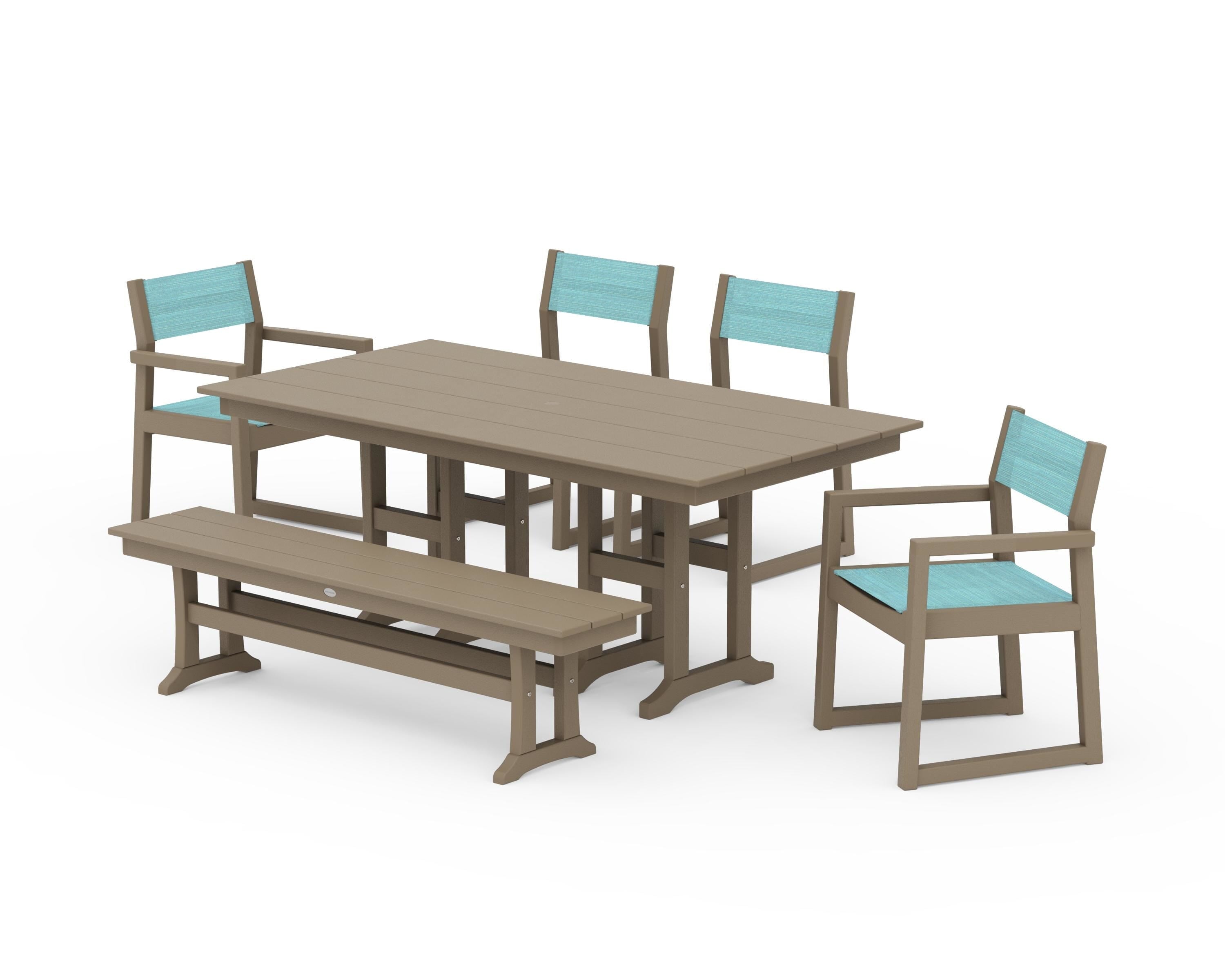 POLYWOOD EDGE Sling 6-Piece Farmhouse Dining Set in Vintage Sahara / Dupioni Aquamarine Sling