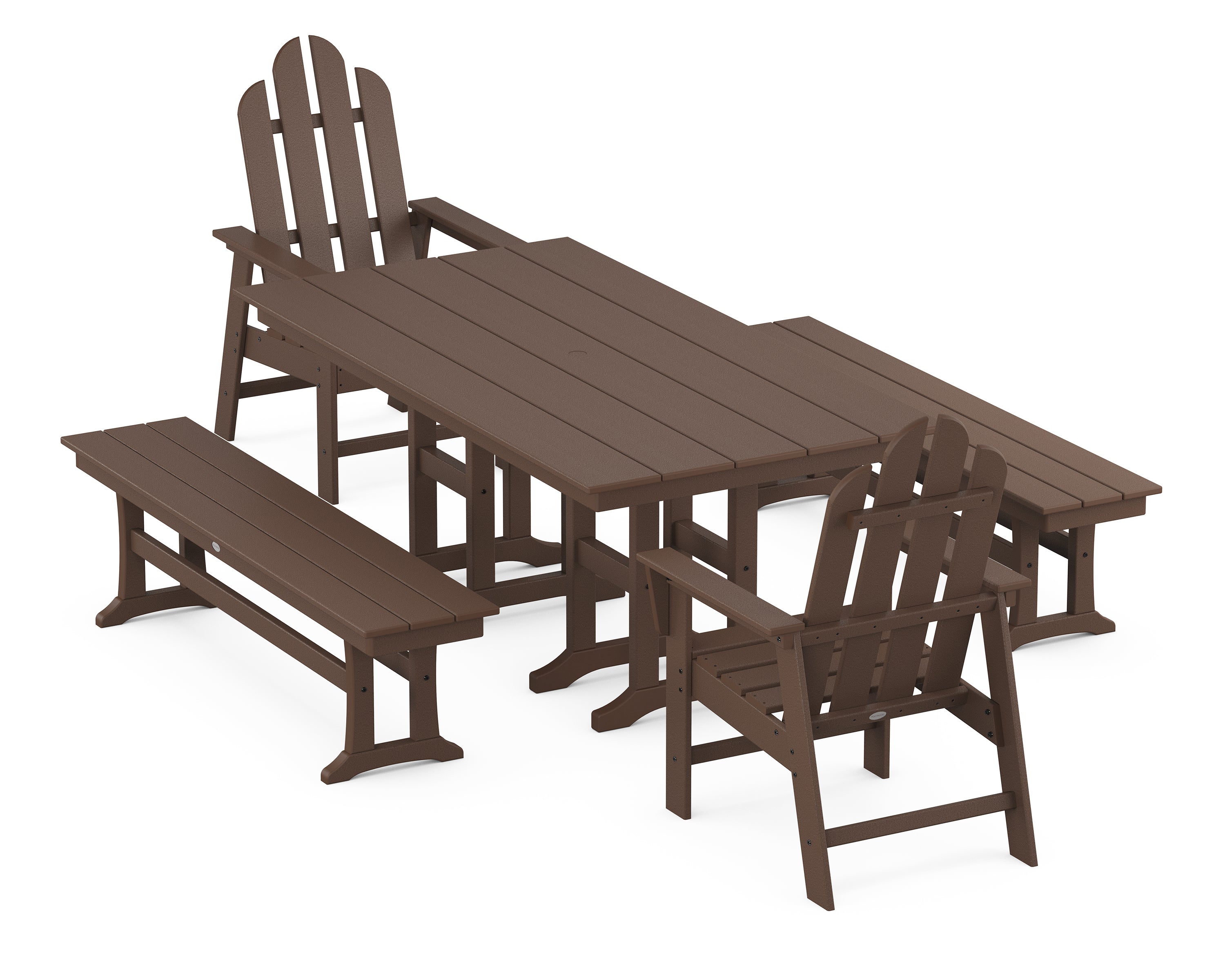 POLYWOOD® Long Island 5-Piece Farmhouse Dining Set with Benches in Mahogany
