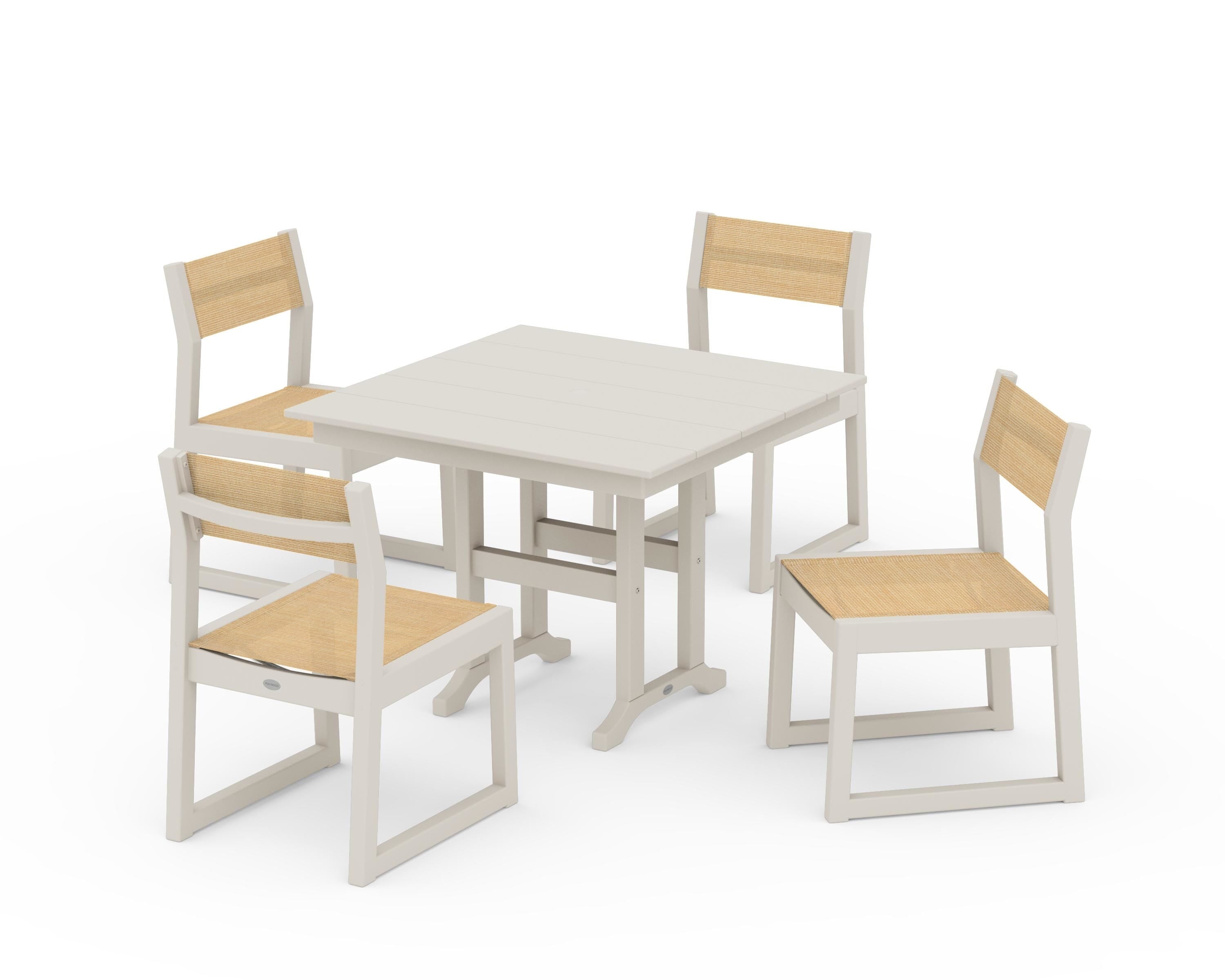 POLYWOOD EDGE Sling Side Chair 5-Piece Farmhouse Dining Set in Sand / Dupioni Apricot Sling