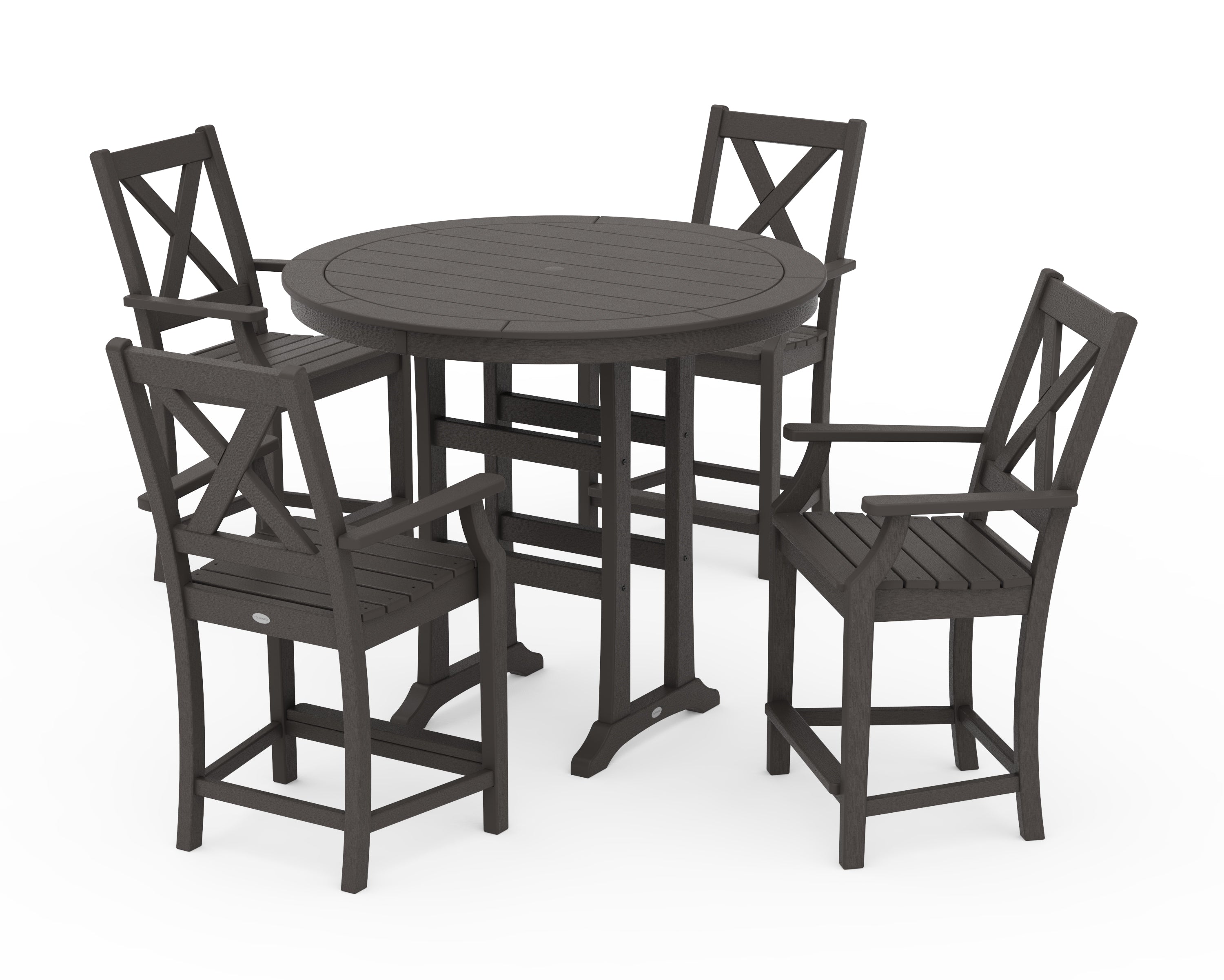 POLYWOOD Braxton 5-Piece Nautical Trestle Arm Chair Counter Set in Vintage Coffee