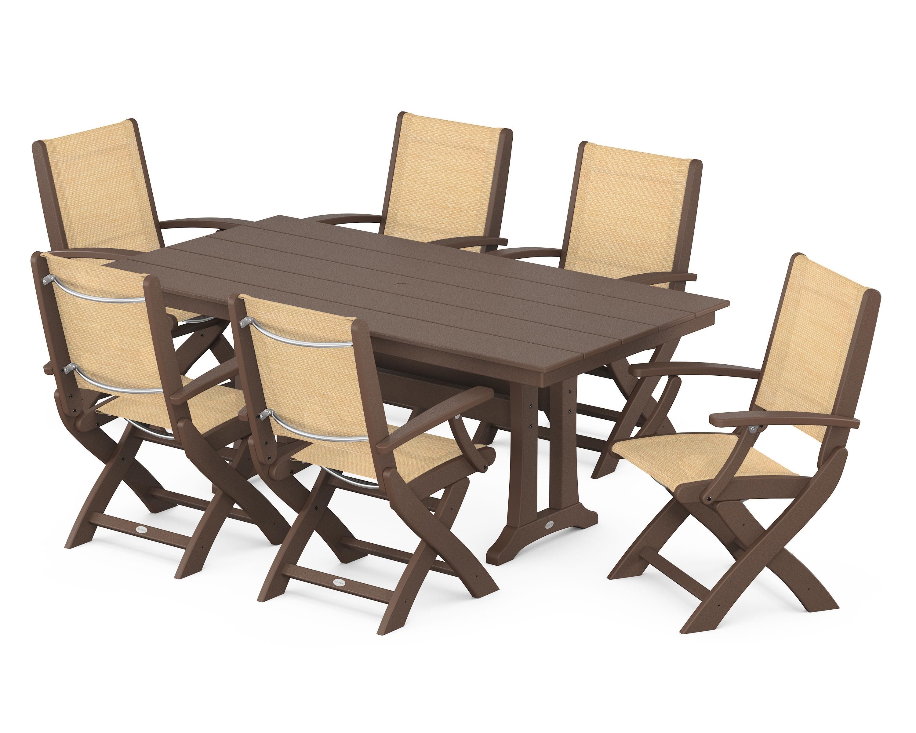 POLYWOOD Coastal Folding Arm Chair 7-Piece Farmhouse Dining Set with Trestle Legs in Mahogany / Dupioni Apricot Sling