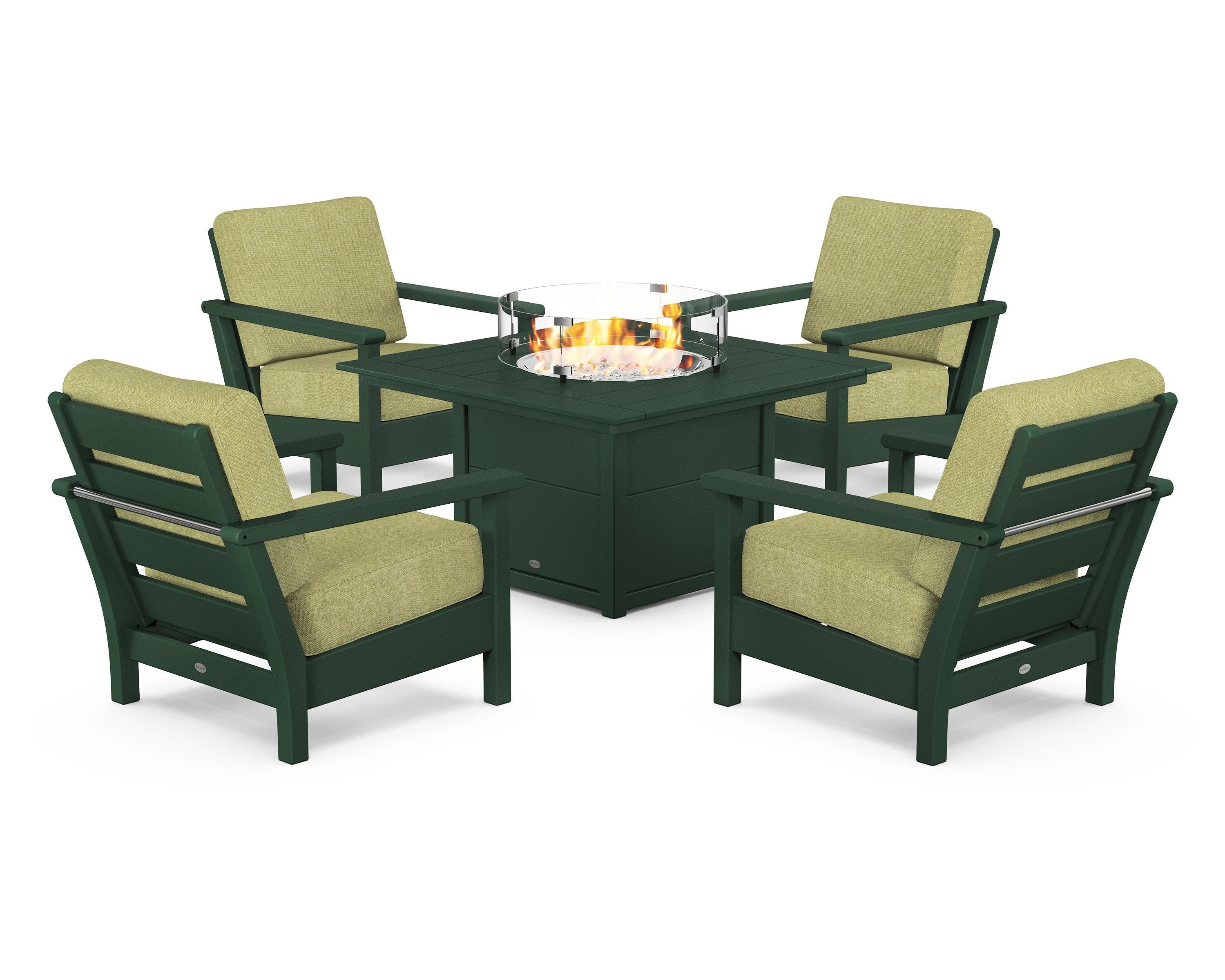 POLYWOOD Harbour 5-Piece Conversation Set with Fire Pit Table in Green / Chartreuse Boucle