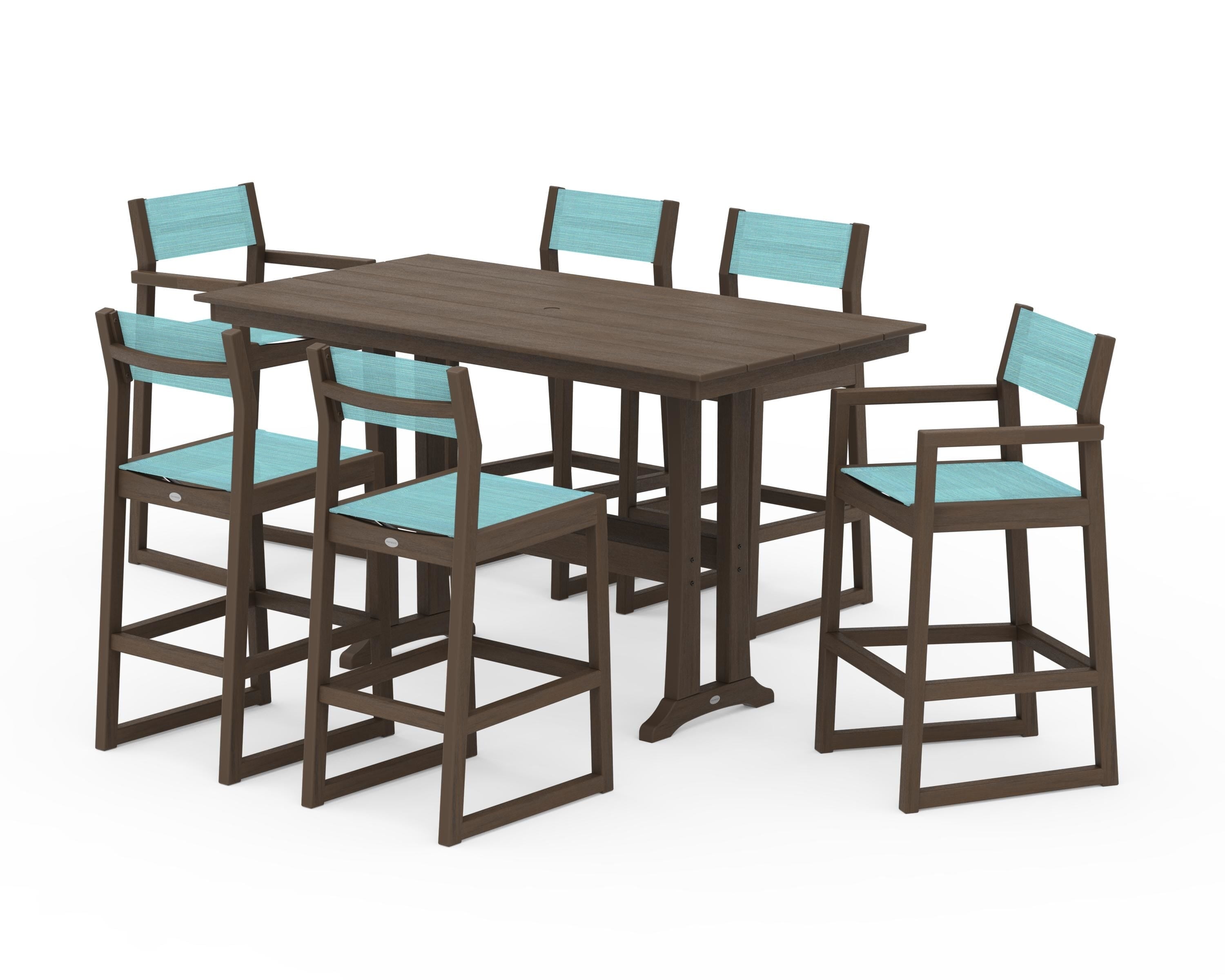 POLYWOOD EDGE Sling 7-Piece Farmhouse Bar Set with Trestle Legs in Kona / Dupioni Aquamarine Sling