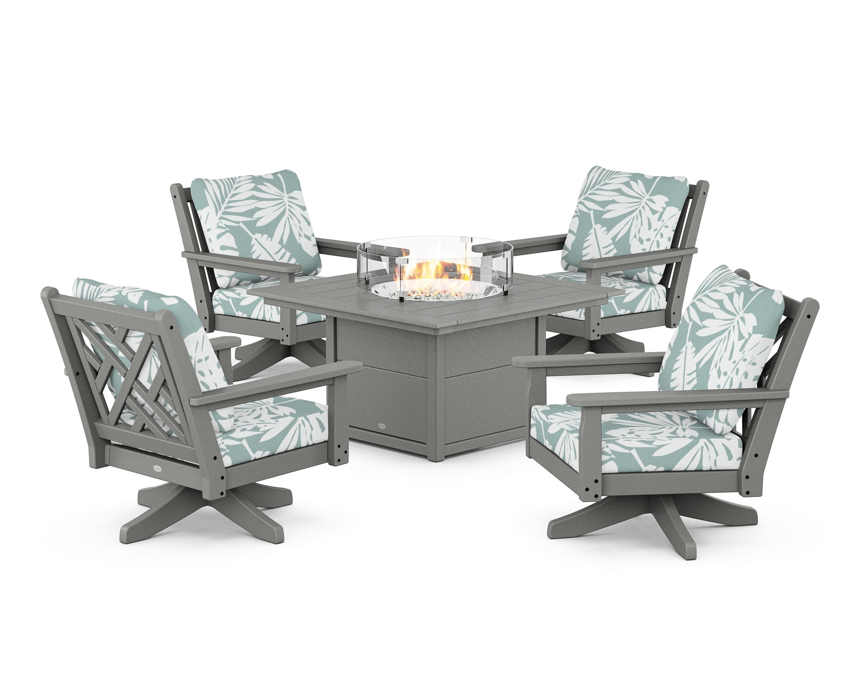 POLYWOOD Chippendale 5-Piece Deep Seating Swivel Conversation Set with Fire Pit Table in Slate Grey / Leaf Glacier Spa