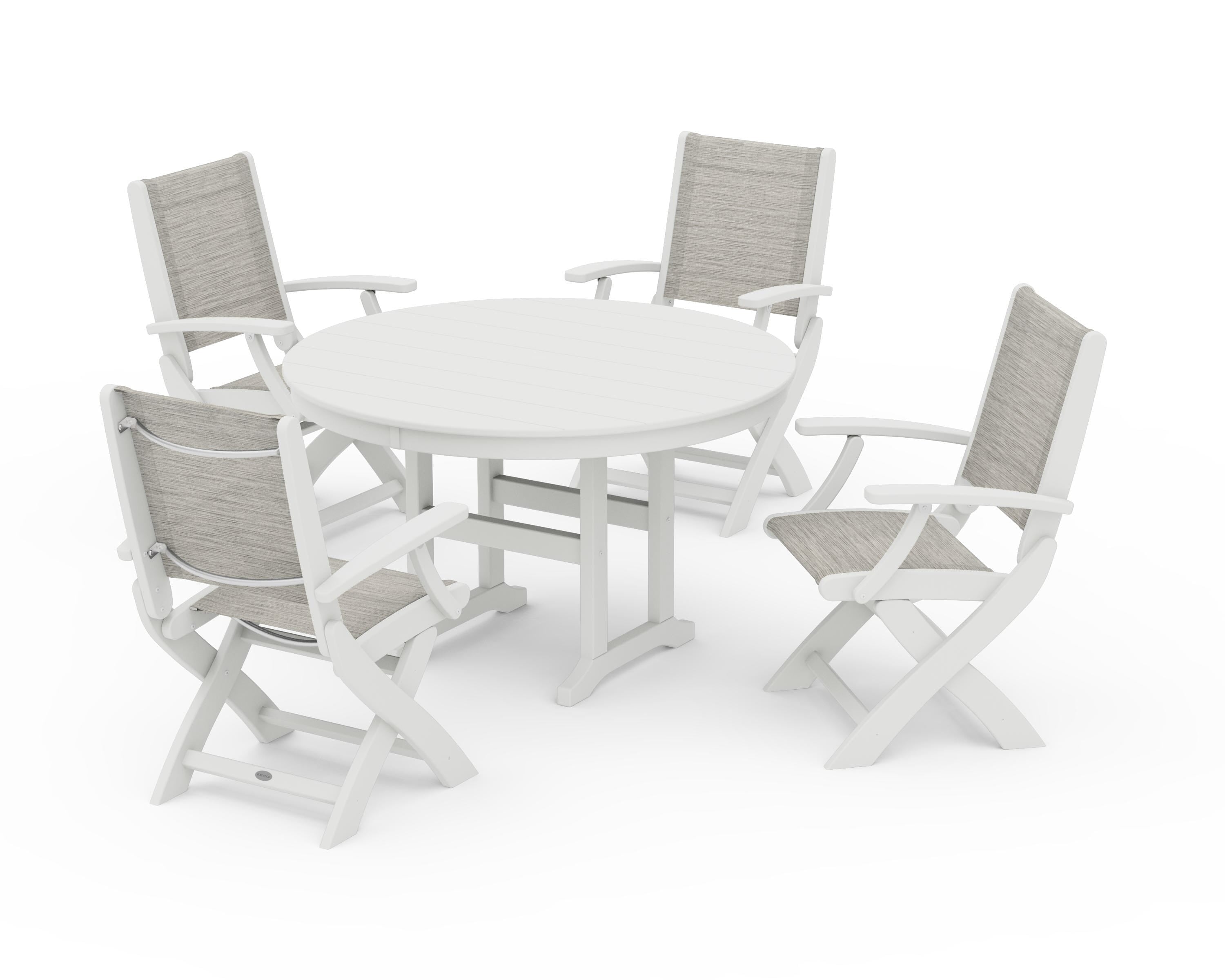 POLYWOOD Coastal Folding Chair 5-Piece Round Dining Set in Vintage White / Birch Sling