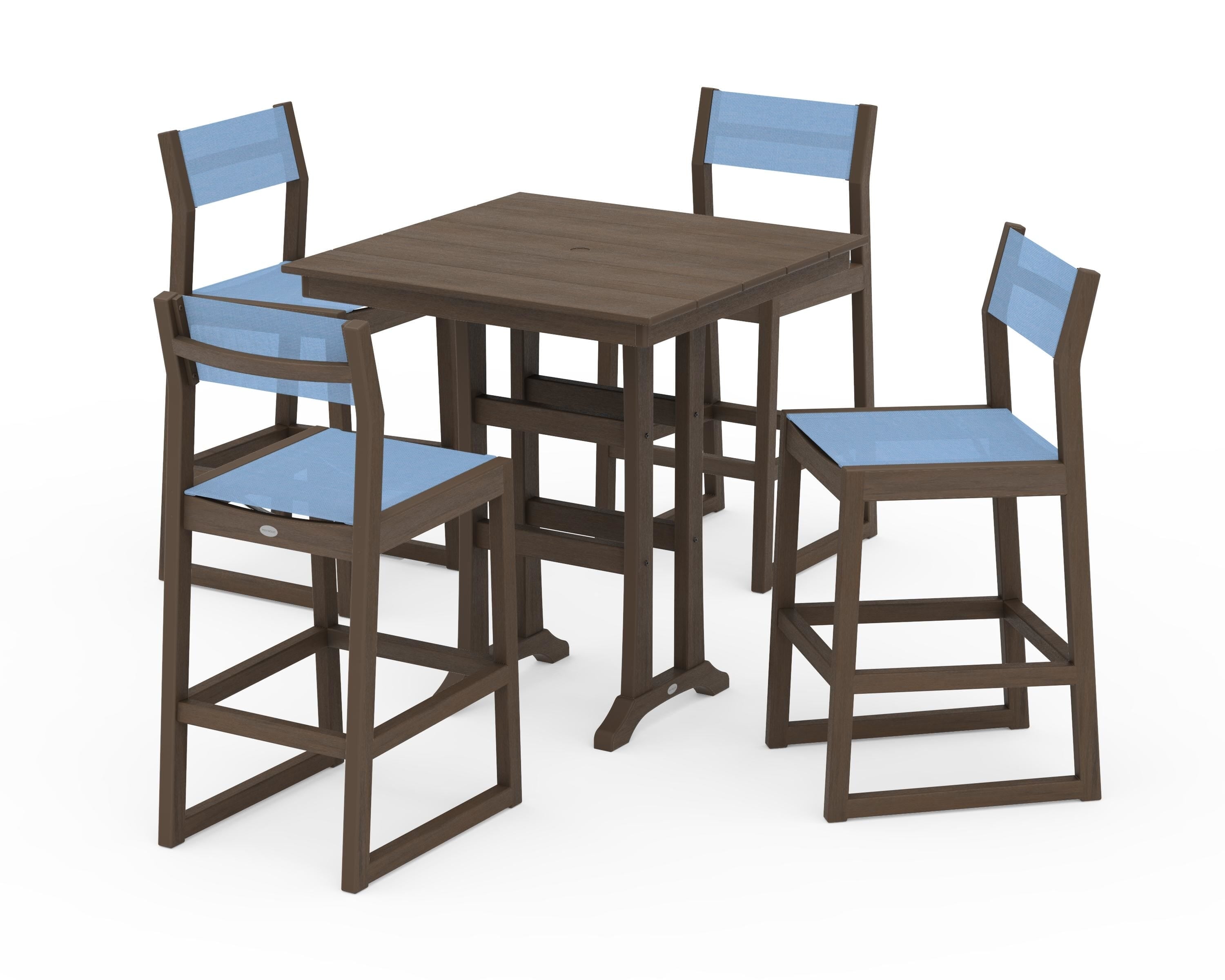 POLYWOOD EDGE Sling Arm Chair 5-Piece Farmhouse Bar Set with Trestle Legs in Kona / Poolside Sling