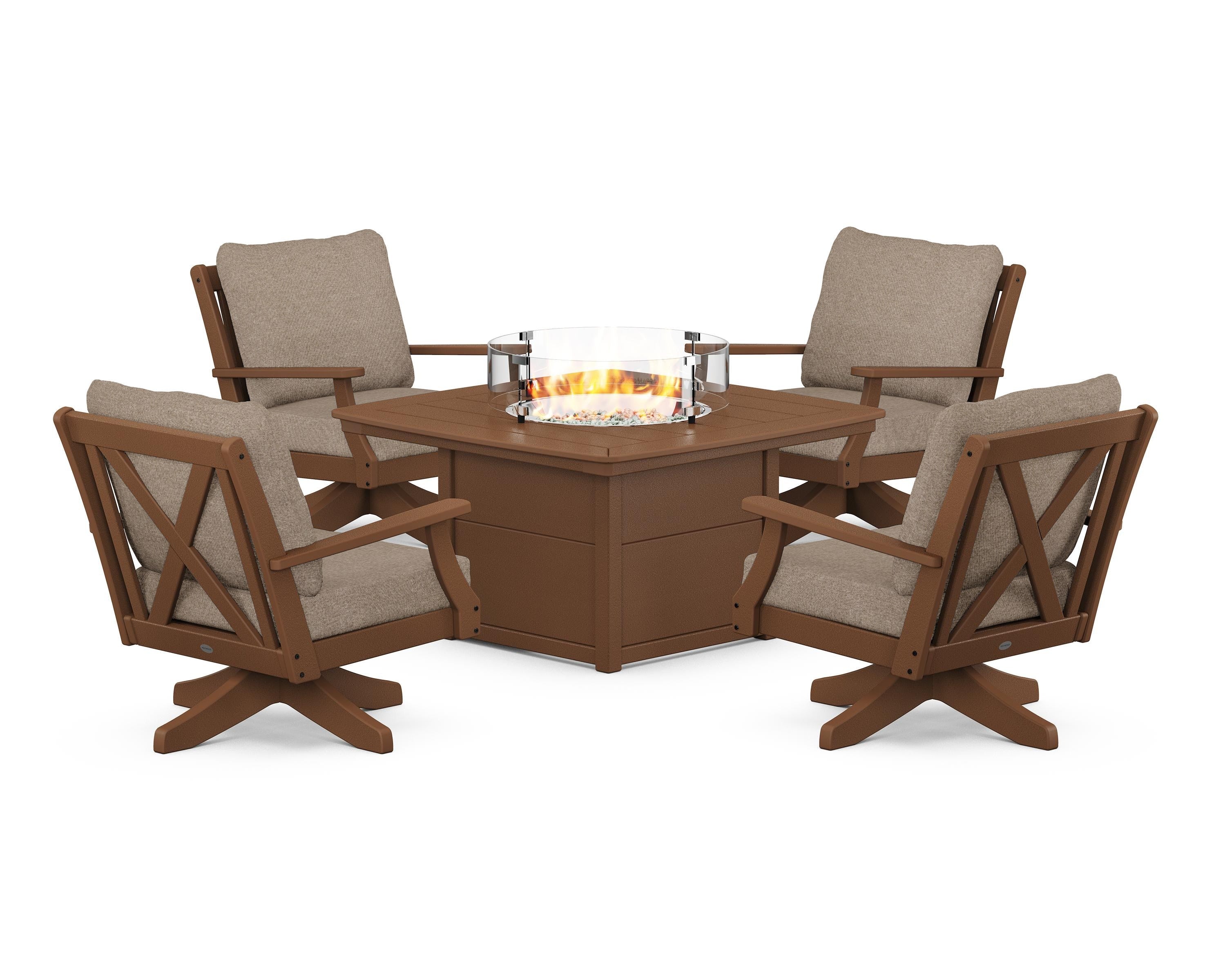 POLYWOOD Braxton 5-Piece Deep Seating Swivel Conversation Set with Fire Pit Table in Teak / Spiced Burlap
