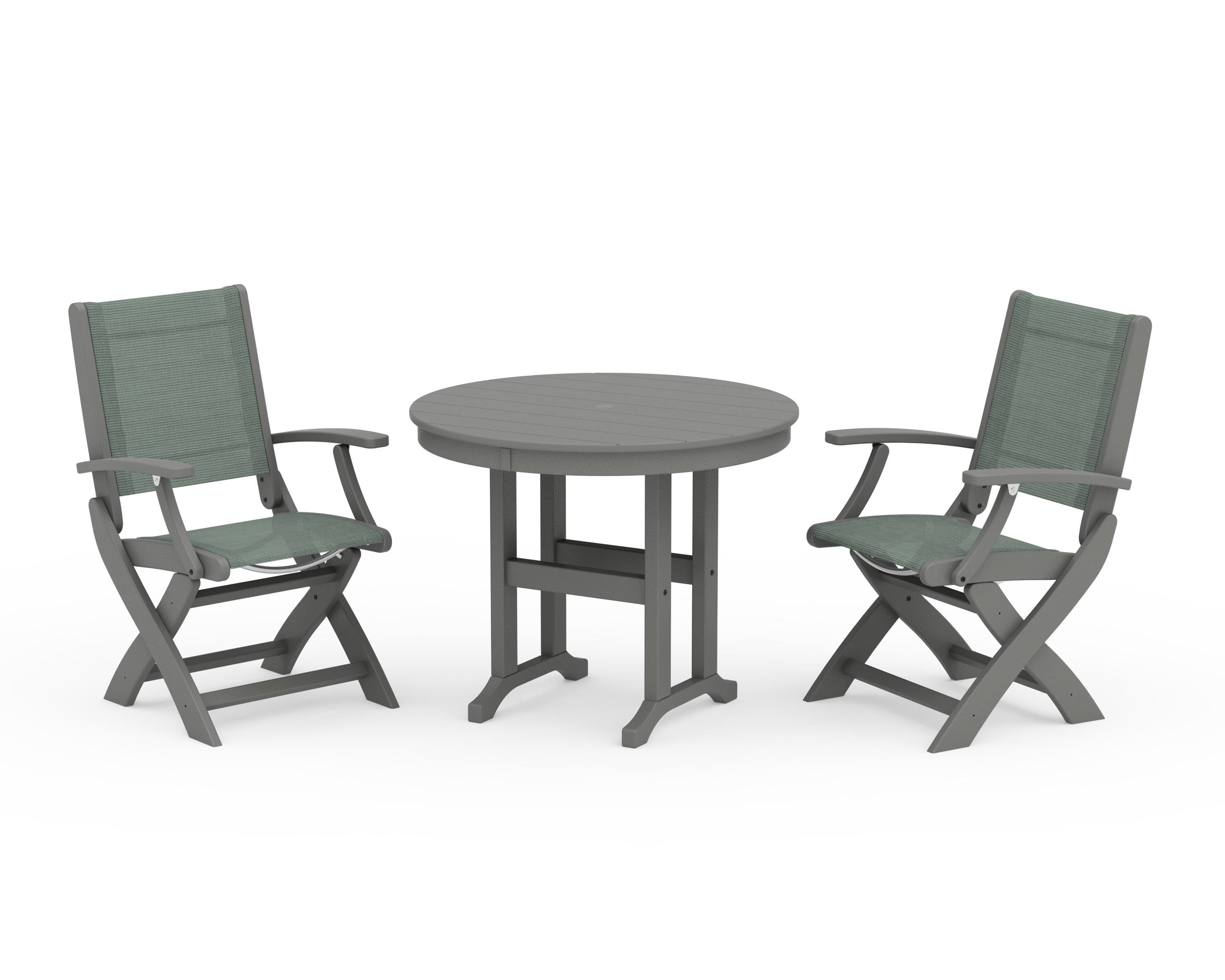 POLYWOOD Coastal Folding Chair 3-Piece Round Dining Set in Slate Grey / Dupioni Sea Mist Sling