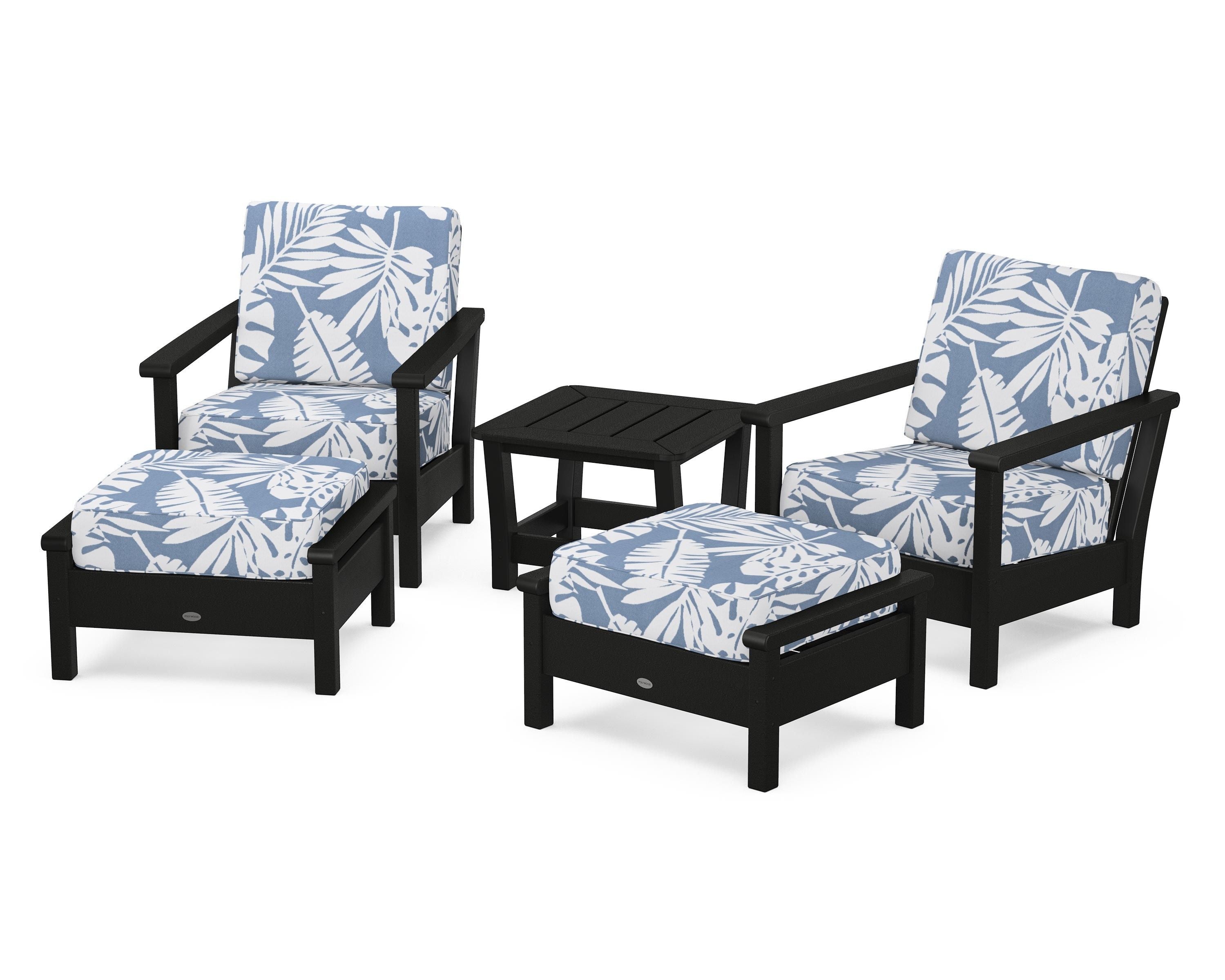 POLYWOOD Harbour 5-Piece Deep Seating Chair Set in Black / Leaf Sky Blue