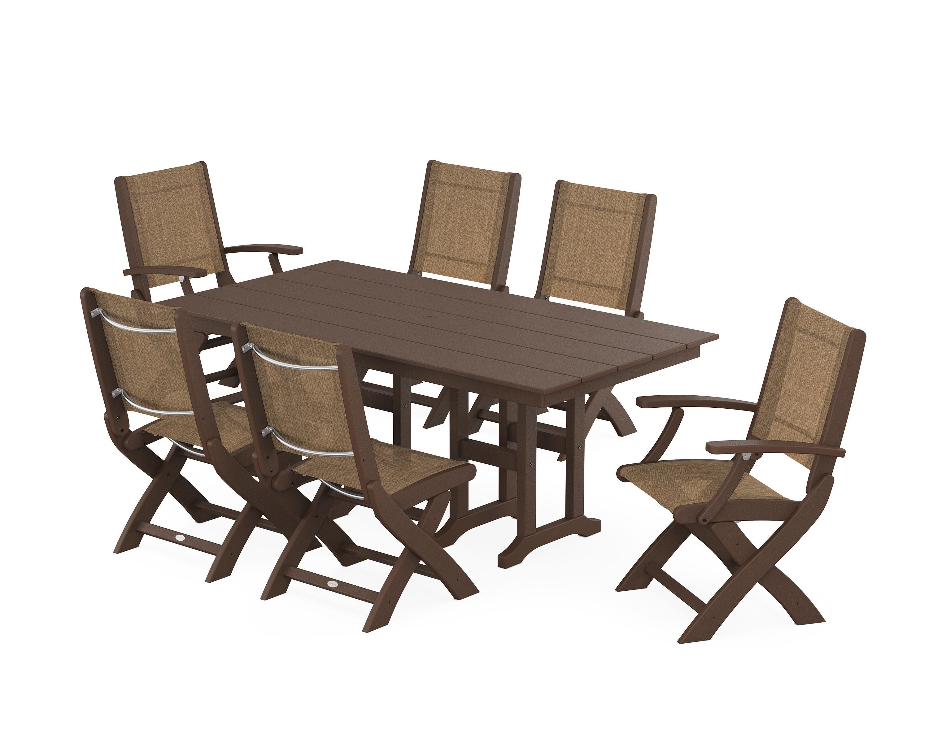 POLYWOOD Coastal Folding Chair 7-Piece Farmhouse Dining Set in Mahogany / Burlap Sling