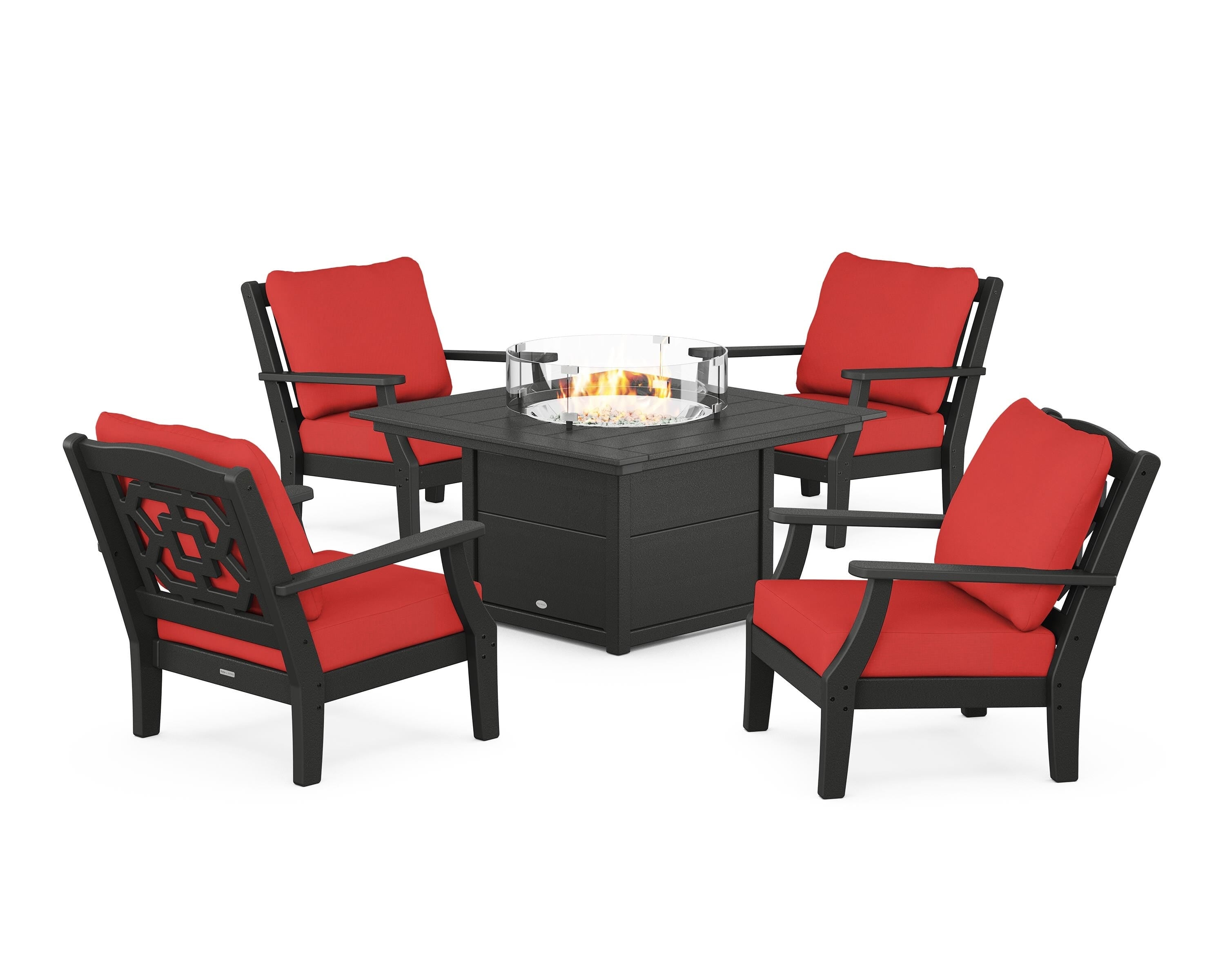 Martha Stewart by POLYWOOD Chinoiserie 5-Piece Deep Seating Set with Fire Pit Table in Black / Crimson Linen