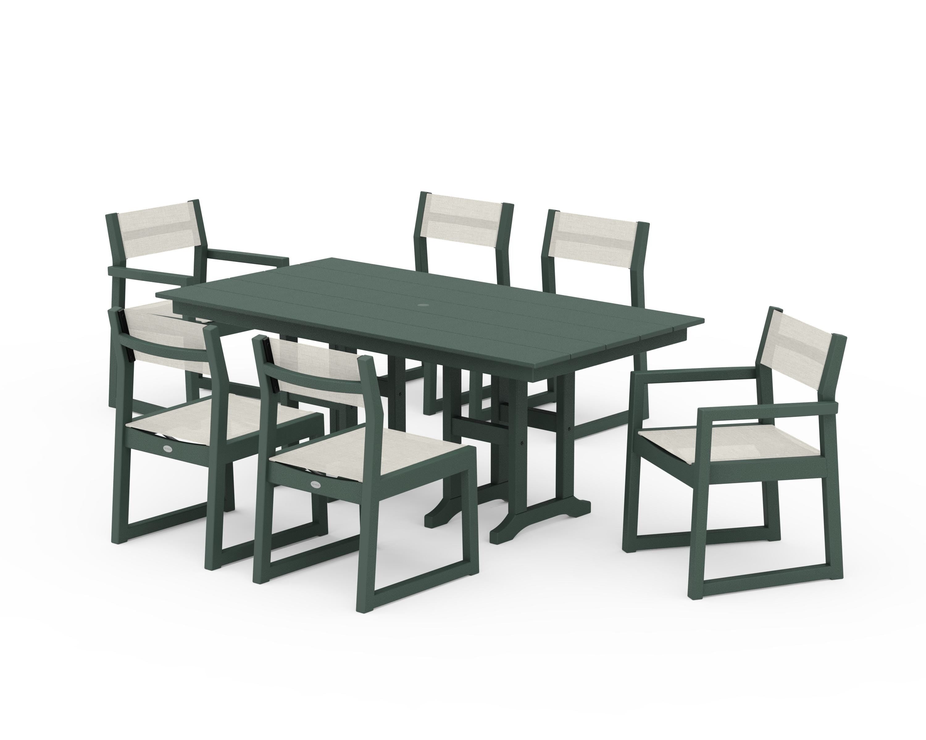 POLYWOOD EDGE Sling 7-Piece Farmhouse Dining Set in Green / Parchment Sling