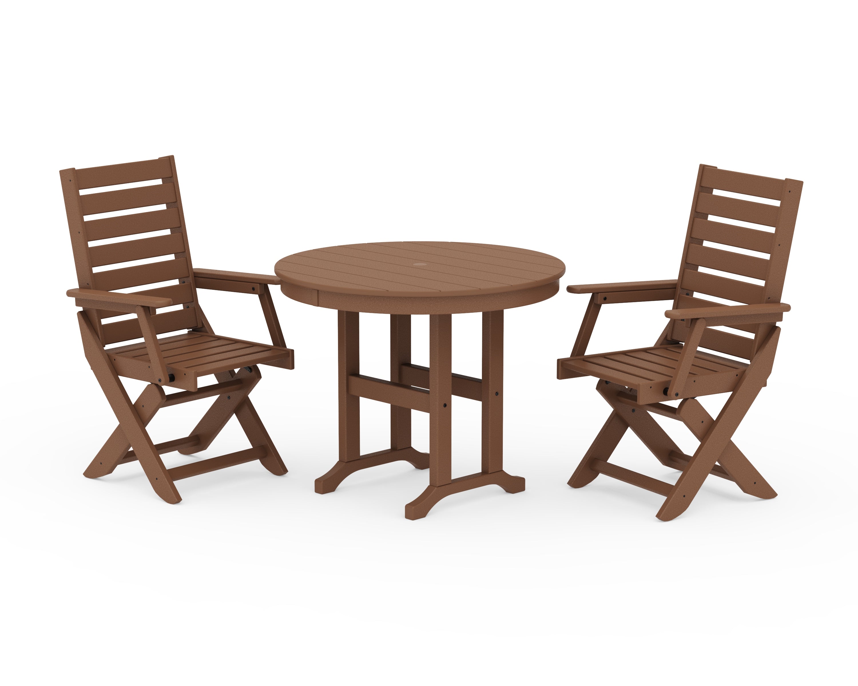 POLYWOOD Captain Folding Chair 3-Piece Round Dining Set in Teak