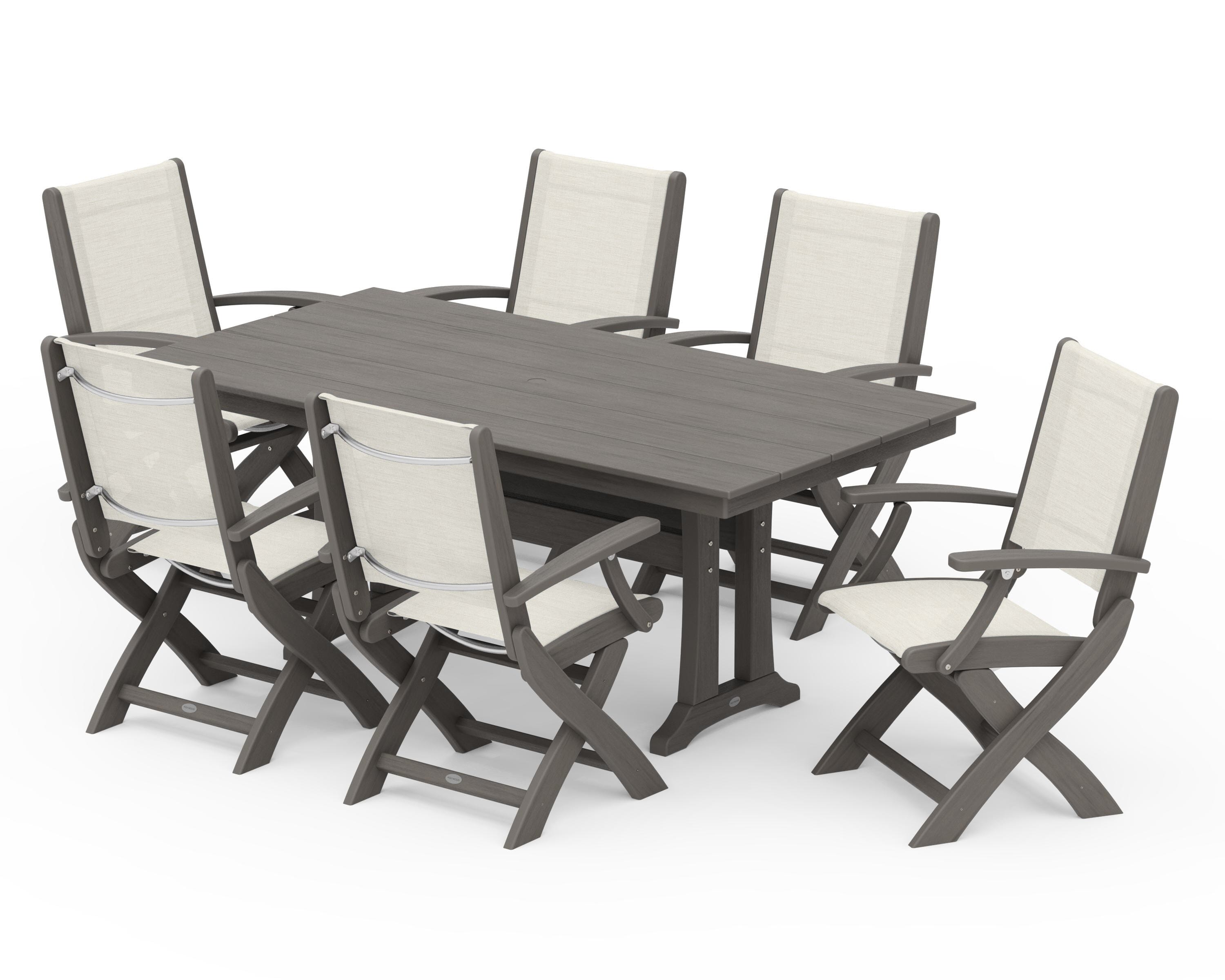 POLYWOOD Coastal Folding Arm Chair 7-Piece Farmhouse Dining Set with Trestle Legs in Driftwood / Parchment Sling