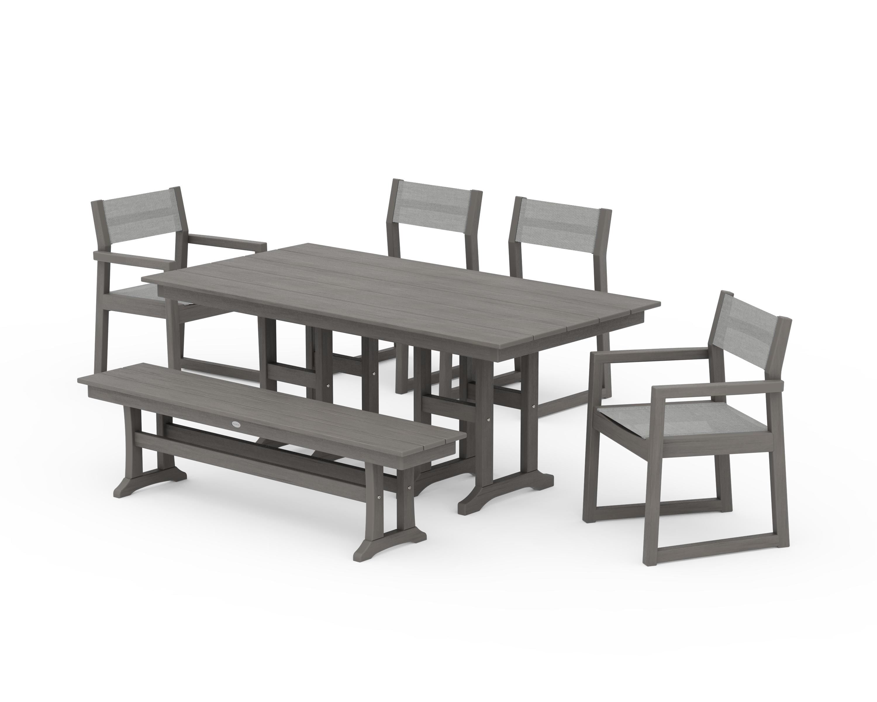 POLYWOOD EDGE Sling 6-Piece Farmhouse Dining Set in Driftwood / Metallic Sling