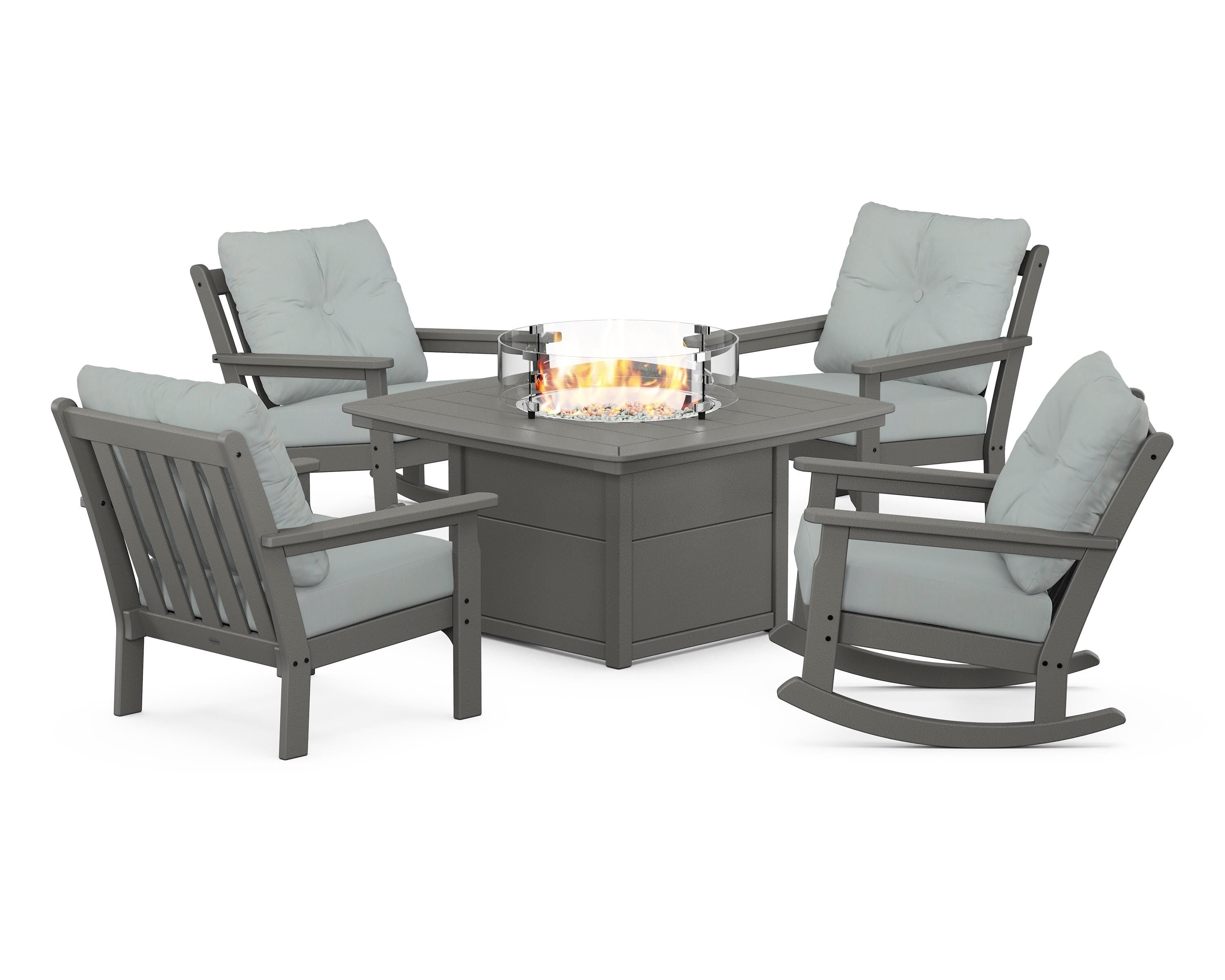 POLYWOOD Vineyard 5-Piece Deep Seating Rocking Chair Conversation Set with Fire Pit Table in Slate Grey / Spa