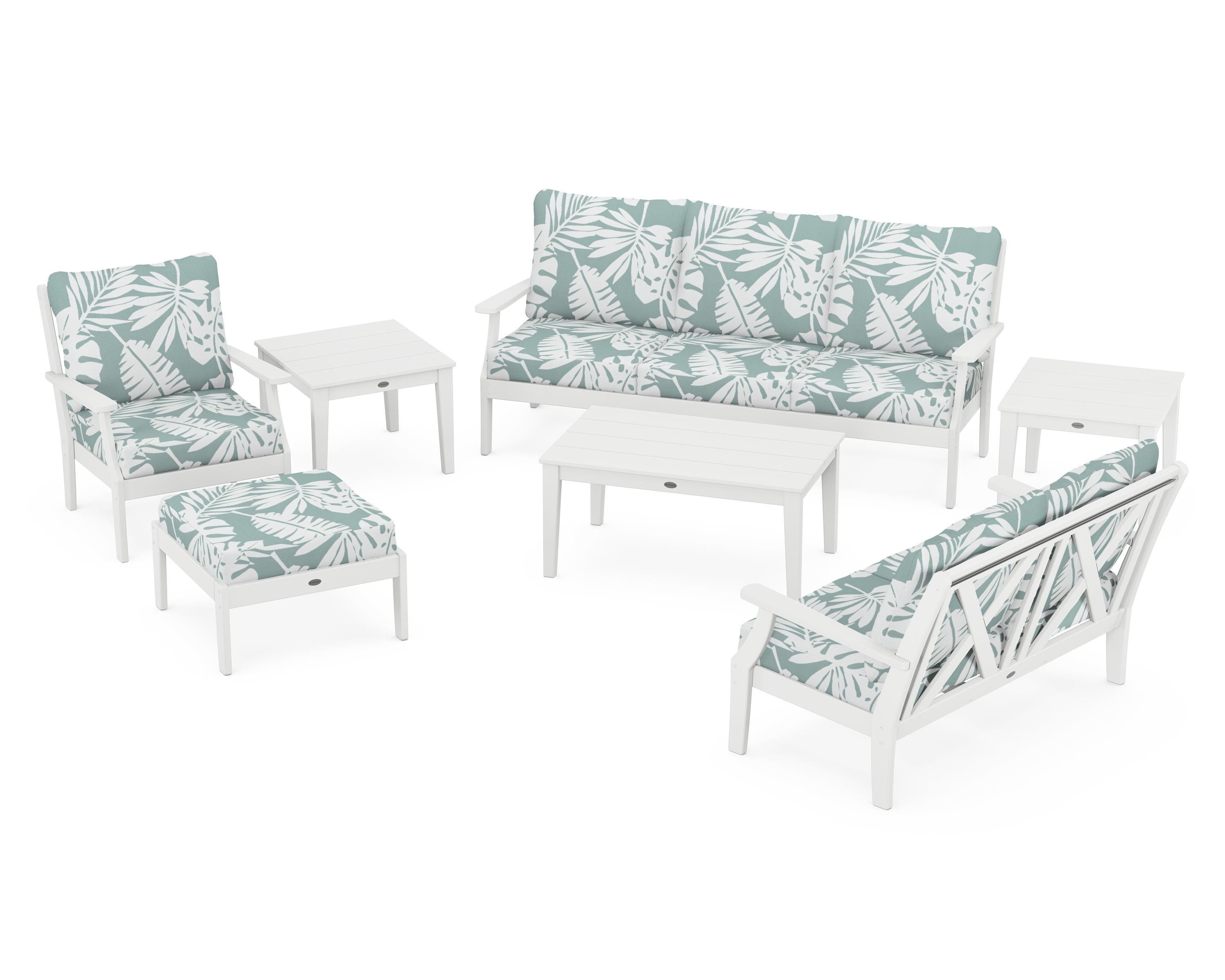 POLYWOOD Braxton 7-Piece Deep Seating Set in White / Leaf Glacier Spa