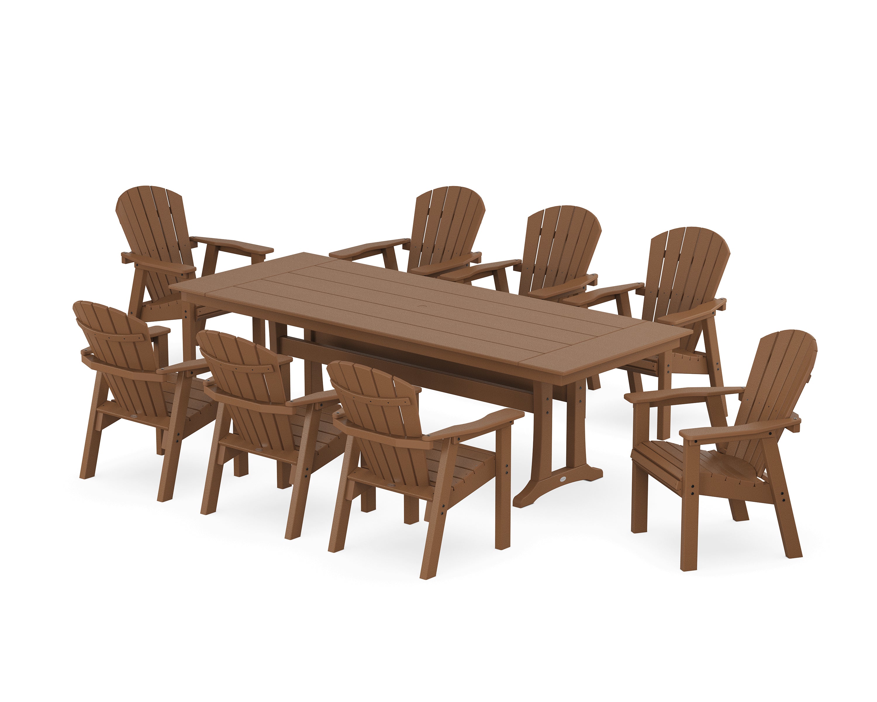 POLYWOOD Seashell 9-Piece Farmhouse Dining Set with Trestle Legs in Teak